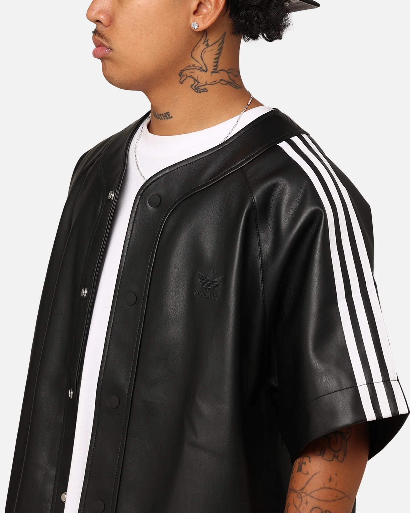 Adidas Faux Leather Adicolour 3-Stripes Baseball T-Shirt Black - Image 7