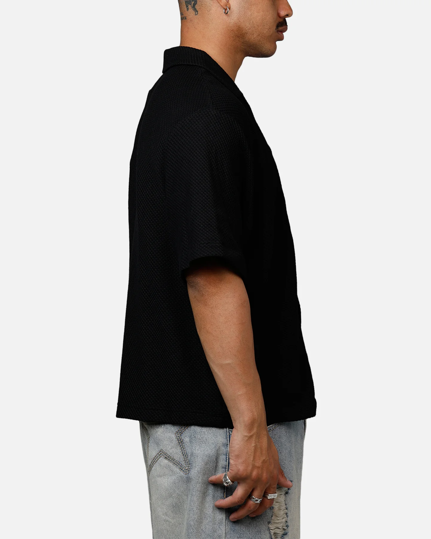 Banx Signature Waffle Button Up Shirt Black - Image 4