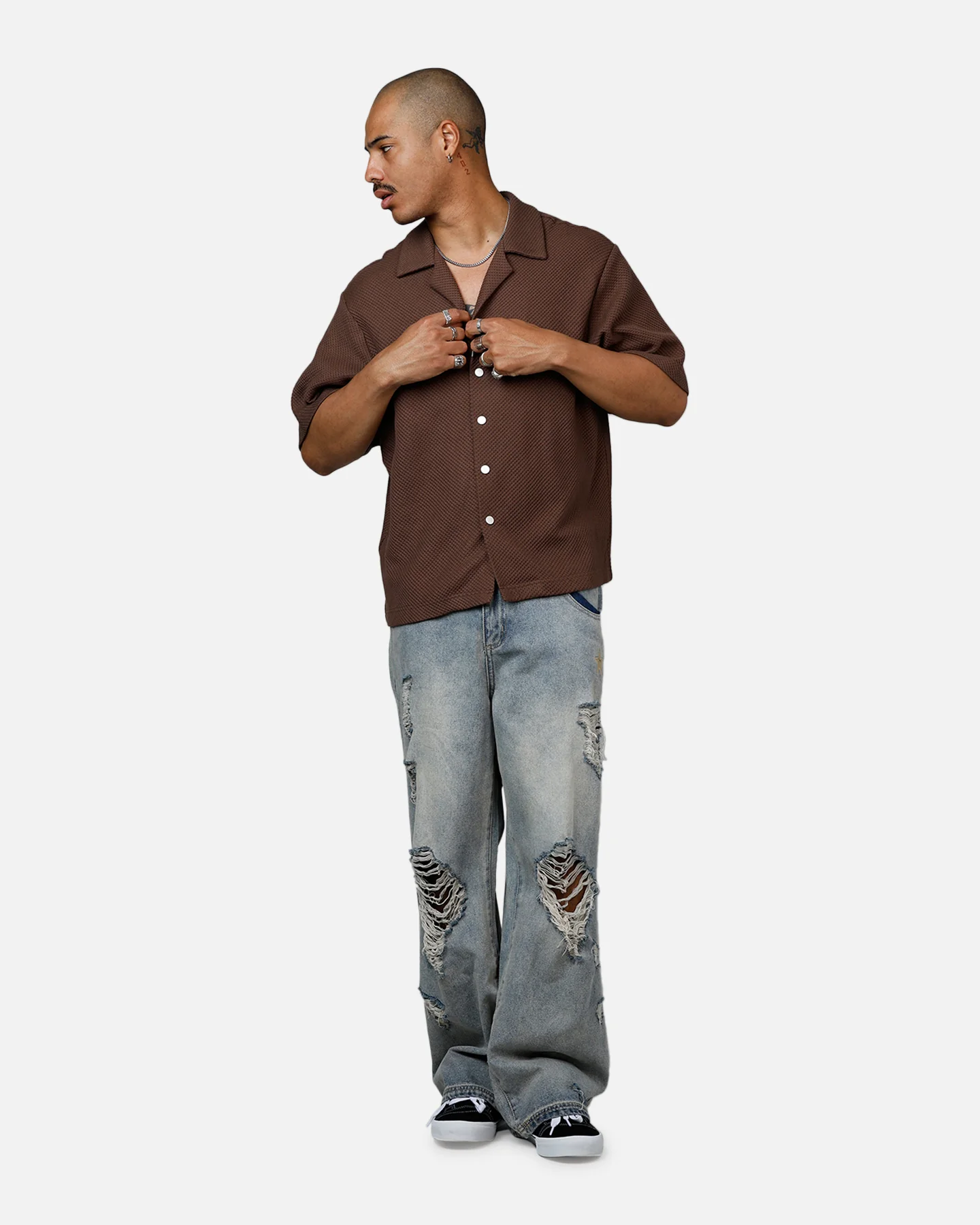 Banx Signature Waffle Button Up Shirt Brown - Image 3