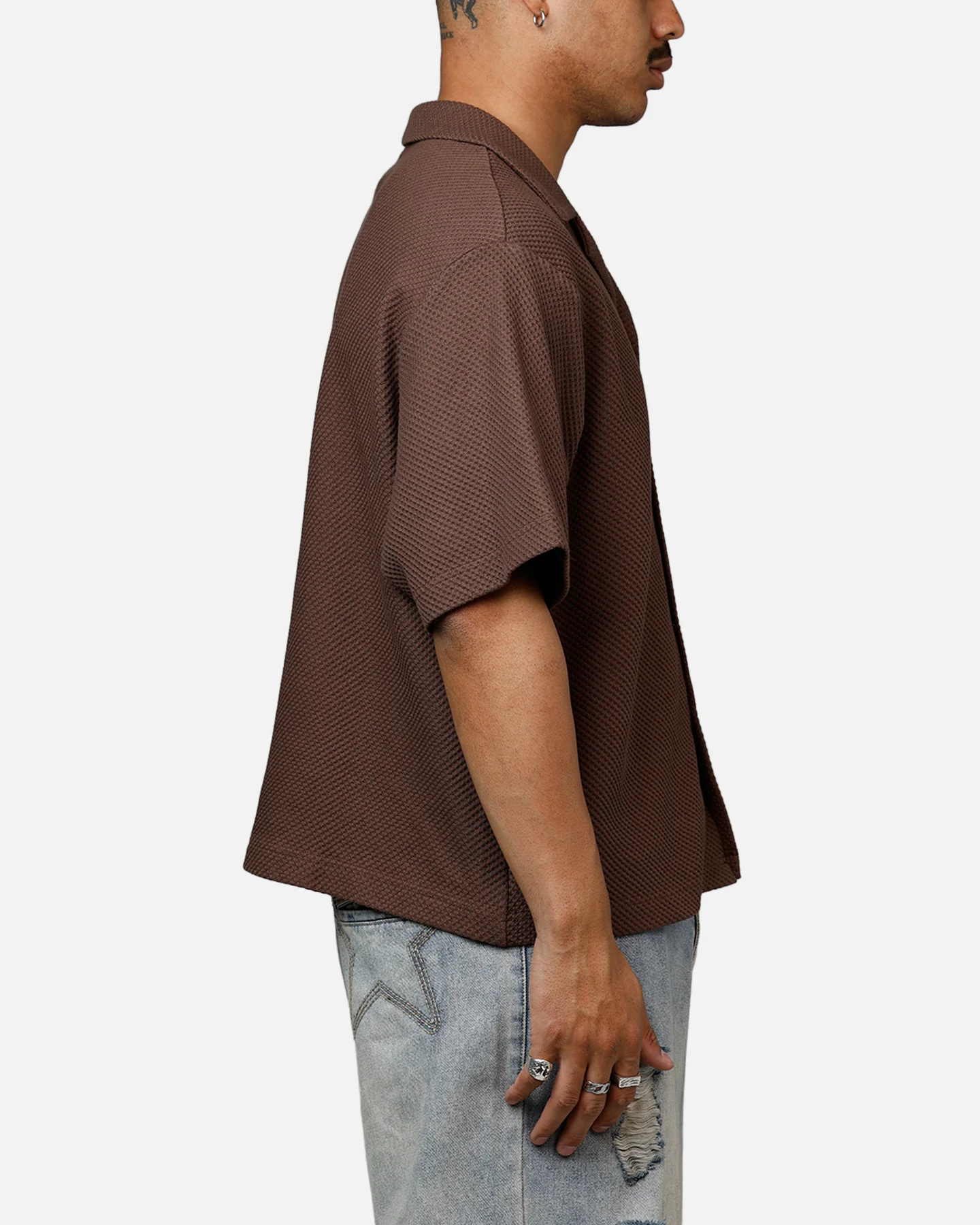 Banx Signature Waffle Button Up Shirt Brown - Image 4