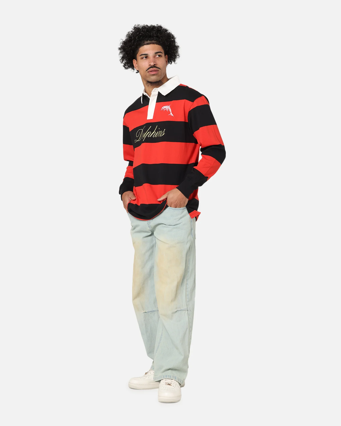Bleacher Athletic Dolphins NRL Stripe Rugby Polo Shirt Official Team Colour - Image 2