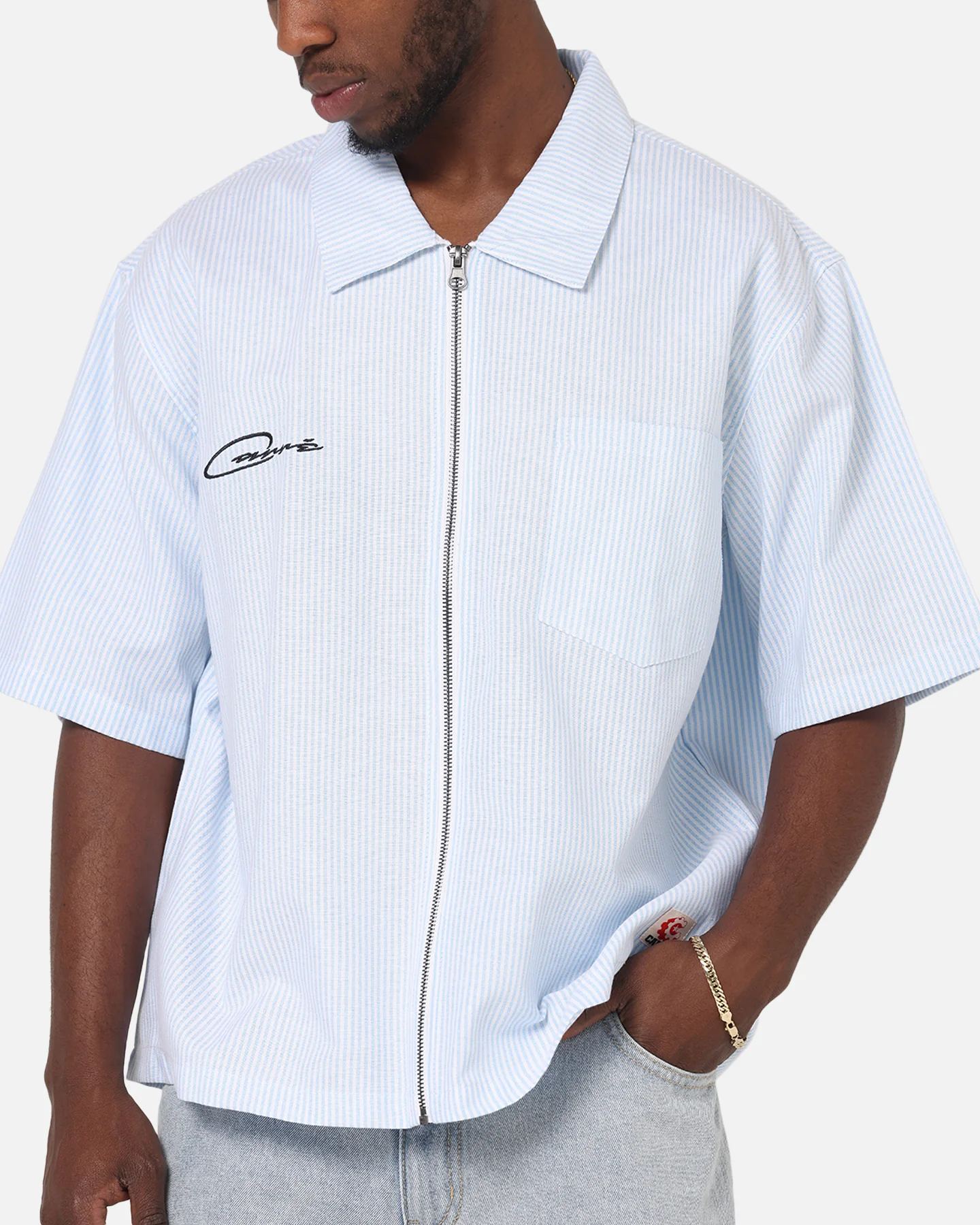 Carre Oxford Stripe Zip Up Shirt Blue/White Stripe - Image 6