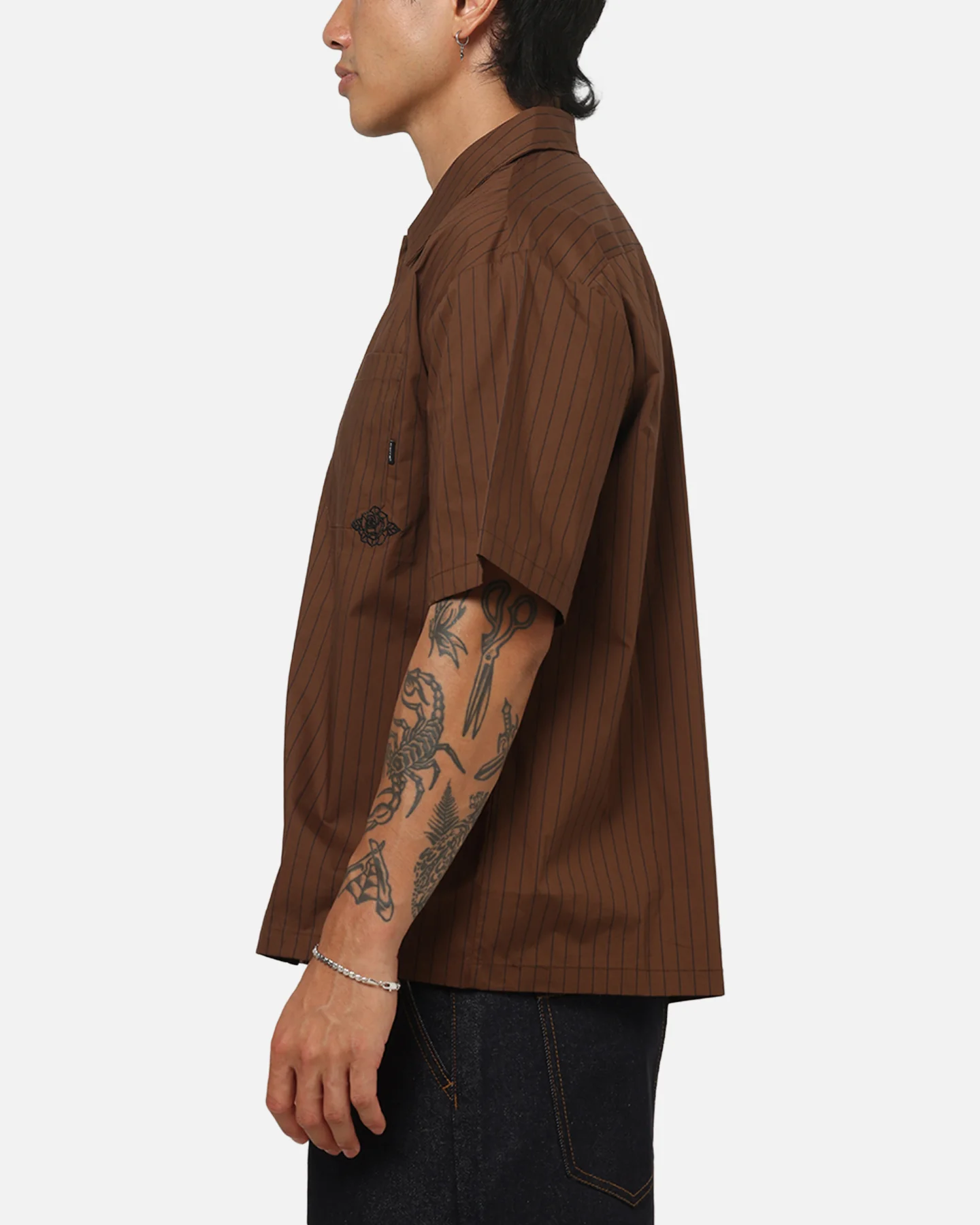 Carre Signature Rose Button Up Shirt Brown Pinstripe - Image 5