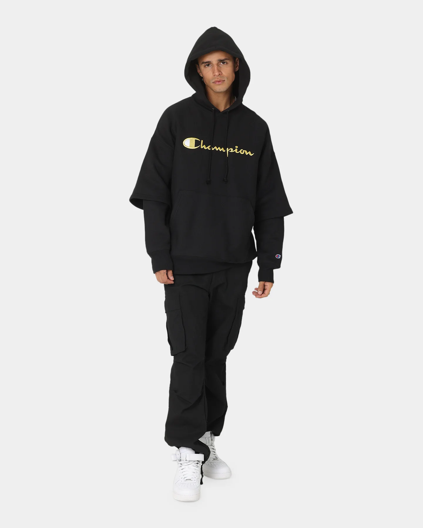 Champion Reverse Weave Double Layer Hoodie Black/Gold - Image 2