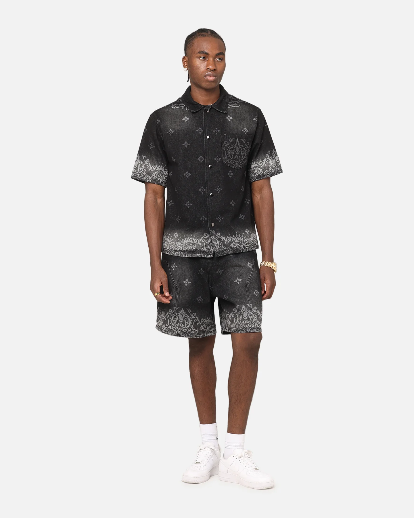 Criminal Damage Laser Print Denim Button Up Shirt Washed Black - Image 3