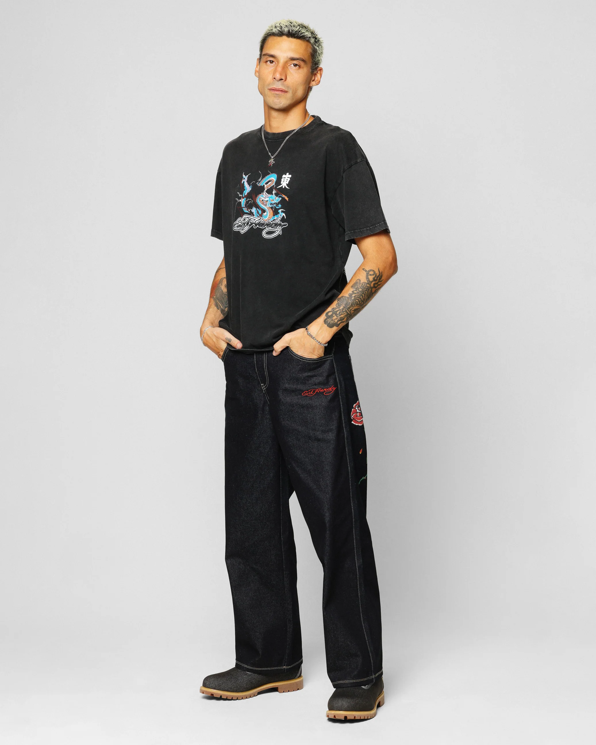 Ed Hardy Dragon Chest T-Shirt Black Acidwash - Image 4
