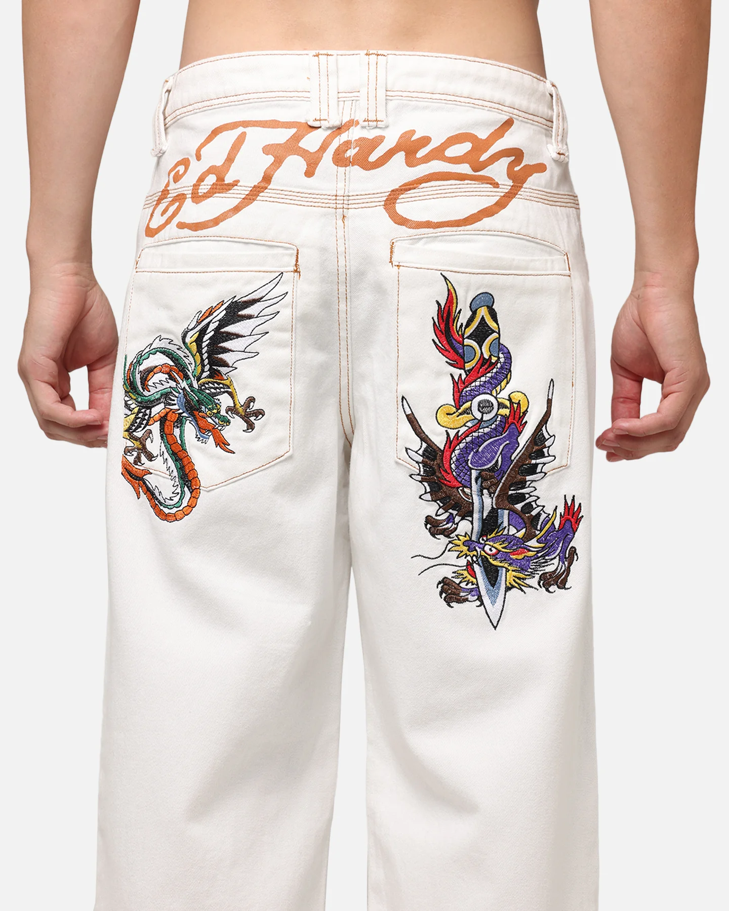 Ed Hardy Dragon Wide Leg Denim Jeans Off White - Image 8