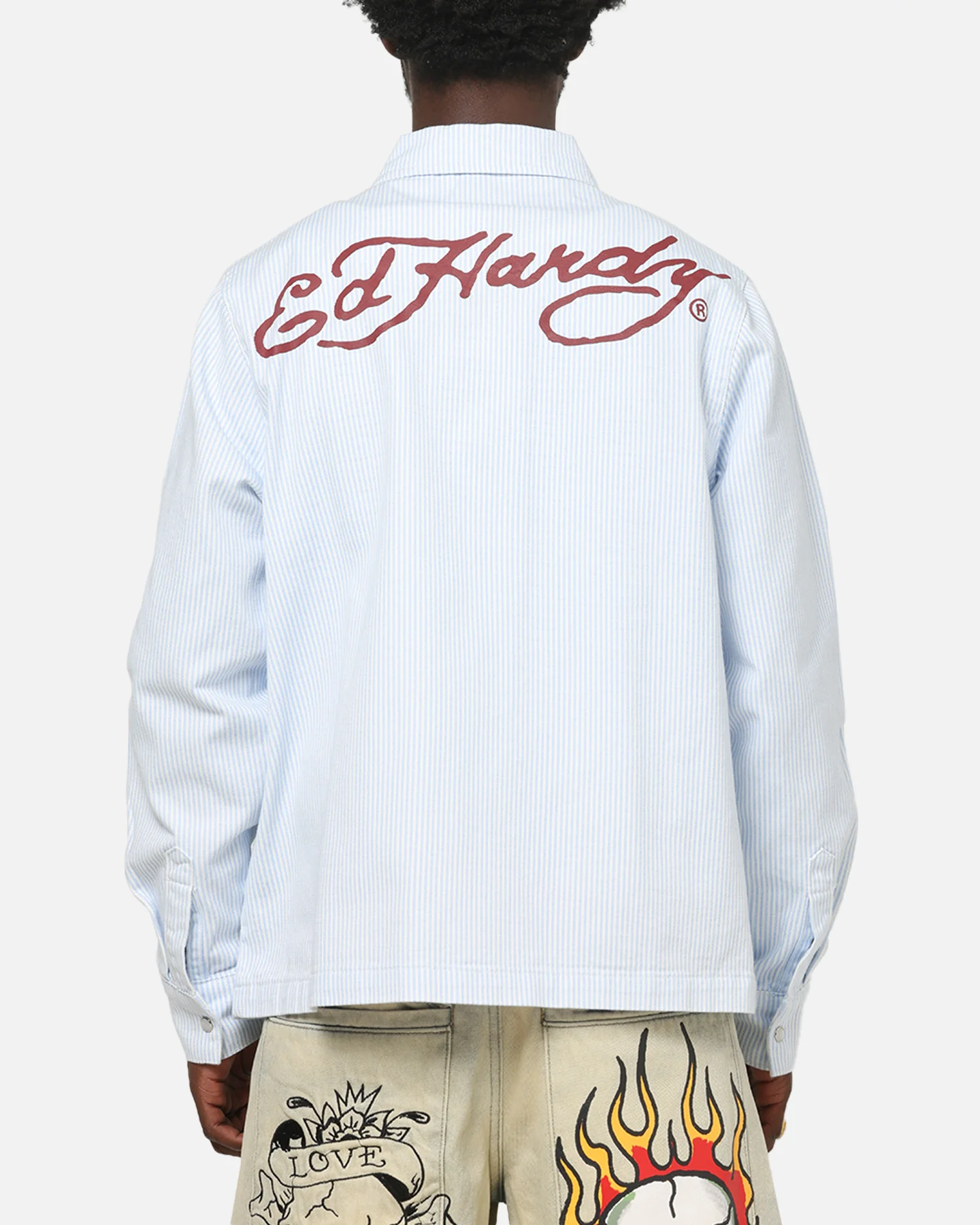 Ed Hardy Euro Button Up Shirt Blue Pinstripe - Image 2