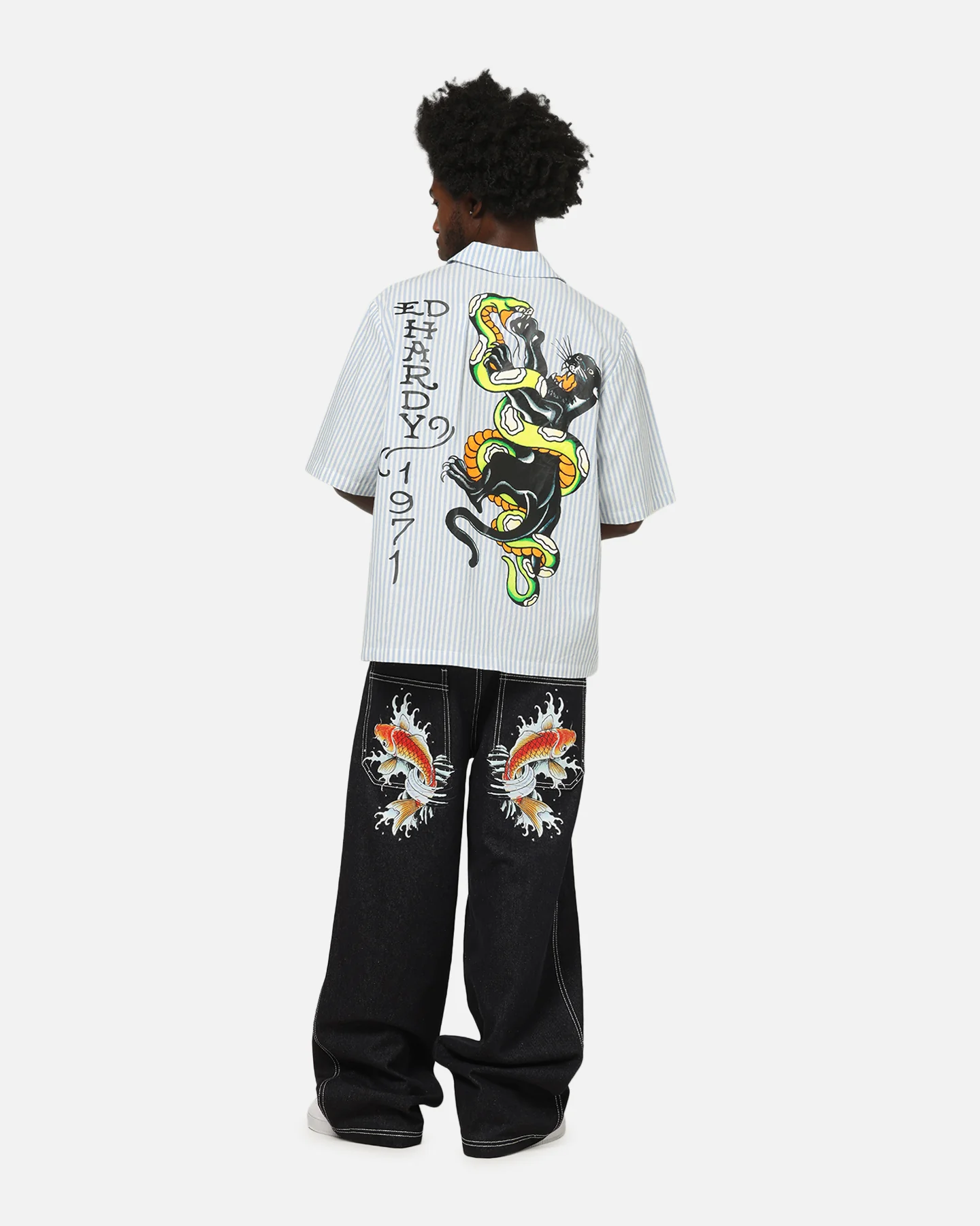 Ed Hardy Panther Button-Up Shirt Blue Pin Stripe - Image 3