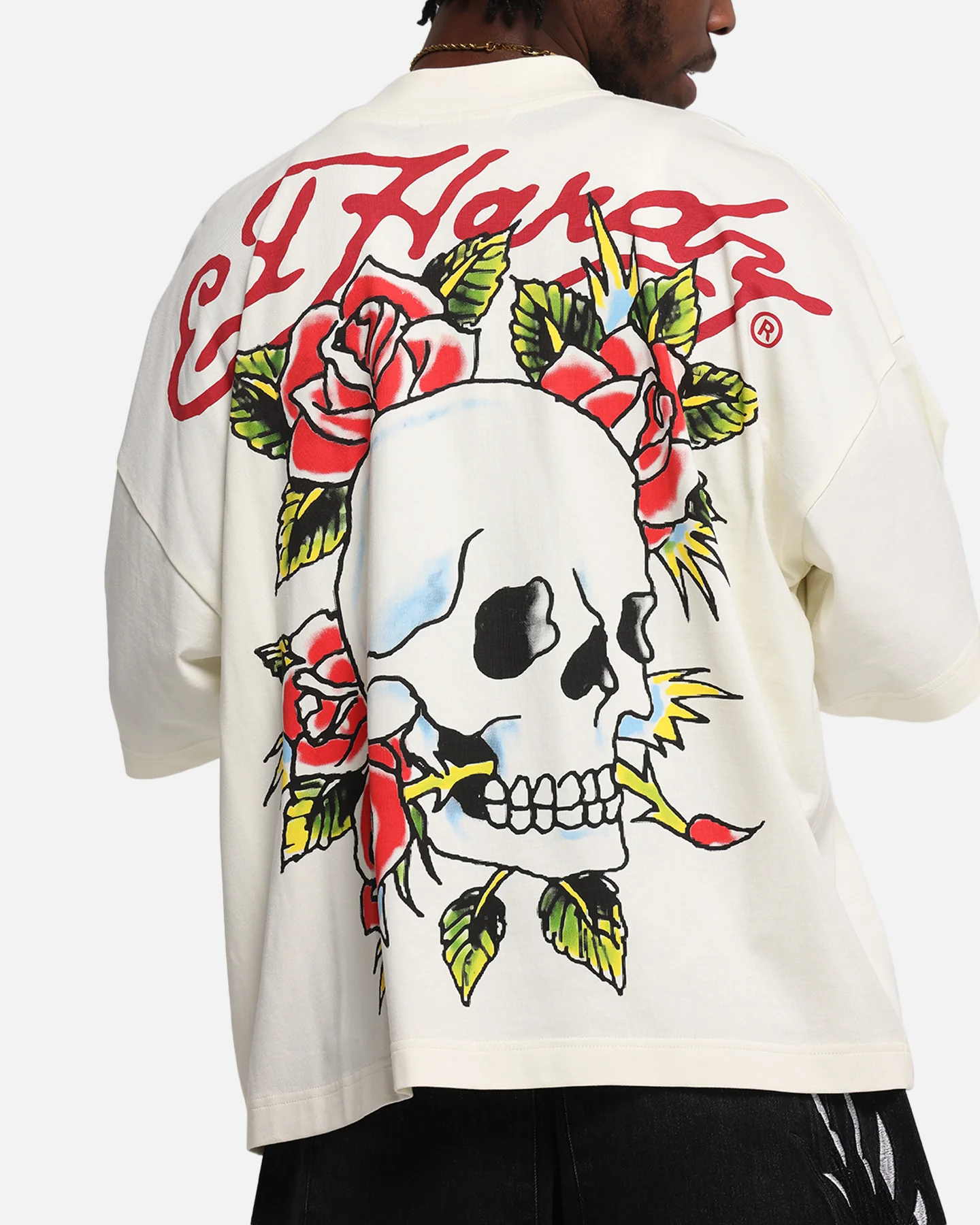 Ed Hardy Rose Skull Oversized Print T-Shirt Off White - Image 7