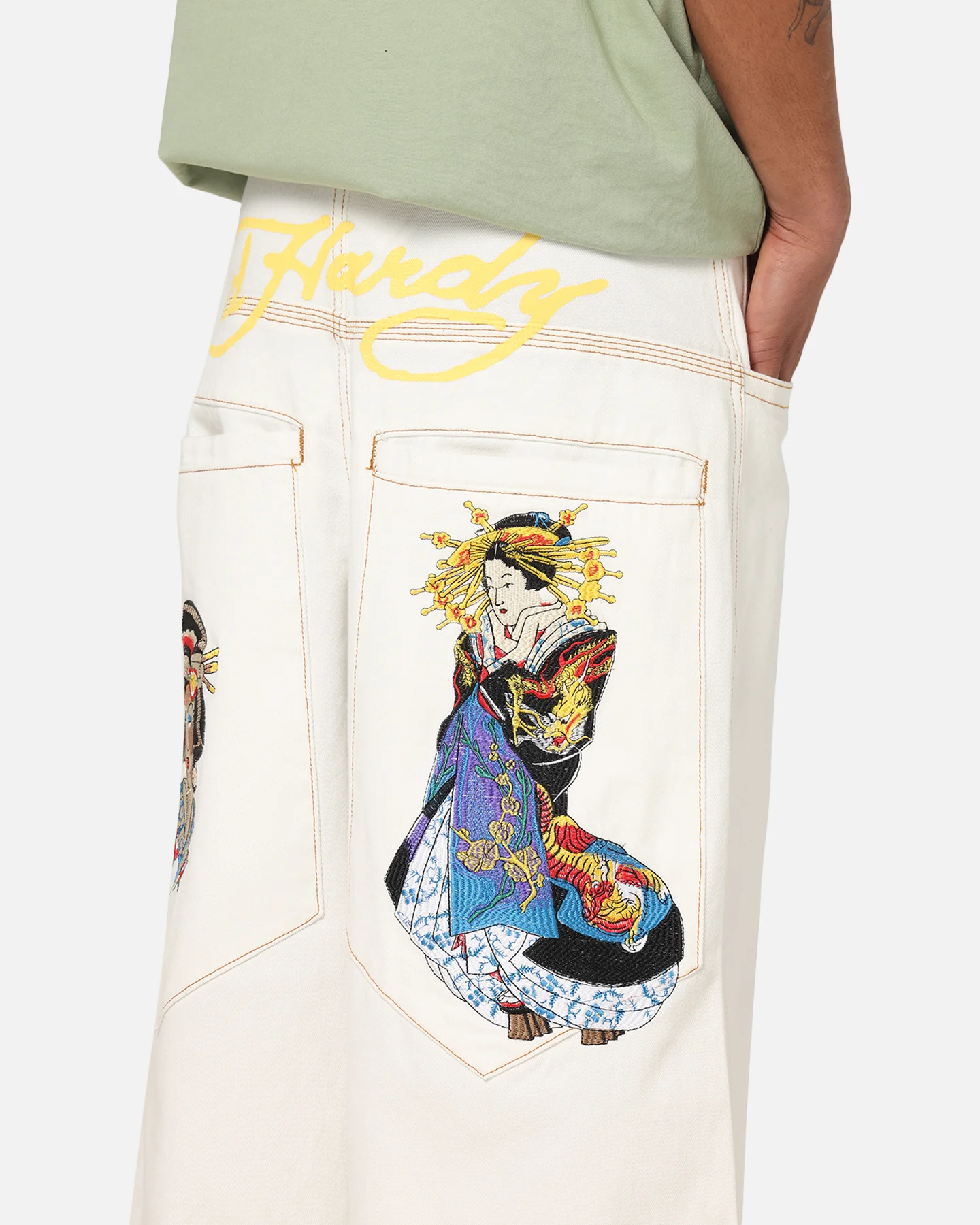 Ed Hardy Ultra Wide Leg Denim Jeans Off White/Yellow - Image 3
