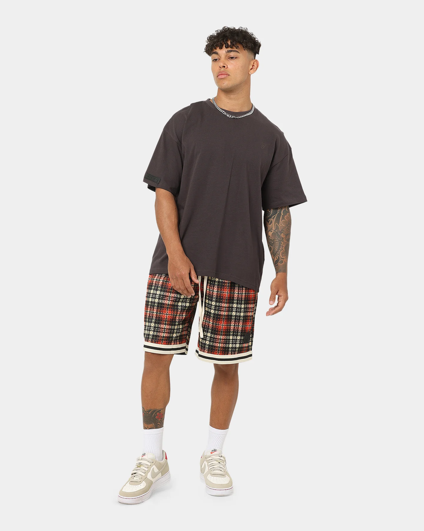 EN ES Team Basketball Shorts Red Plaid - Image 2