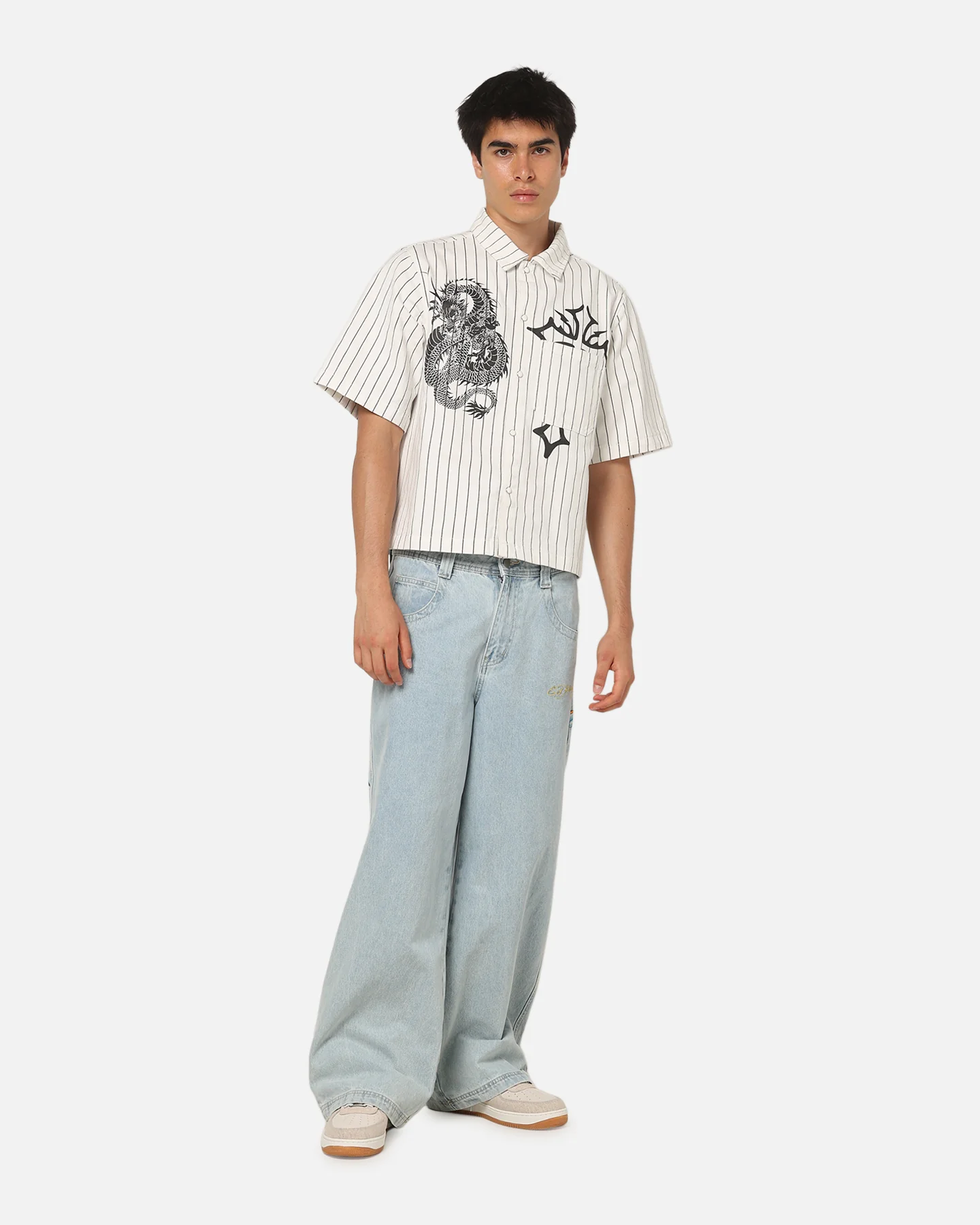 Ed Hardy Euro Short Sleeve Button Up Shirt White Pinstripe - Image 3
