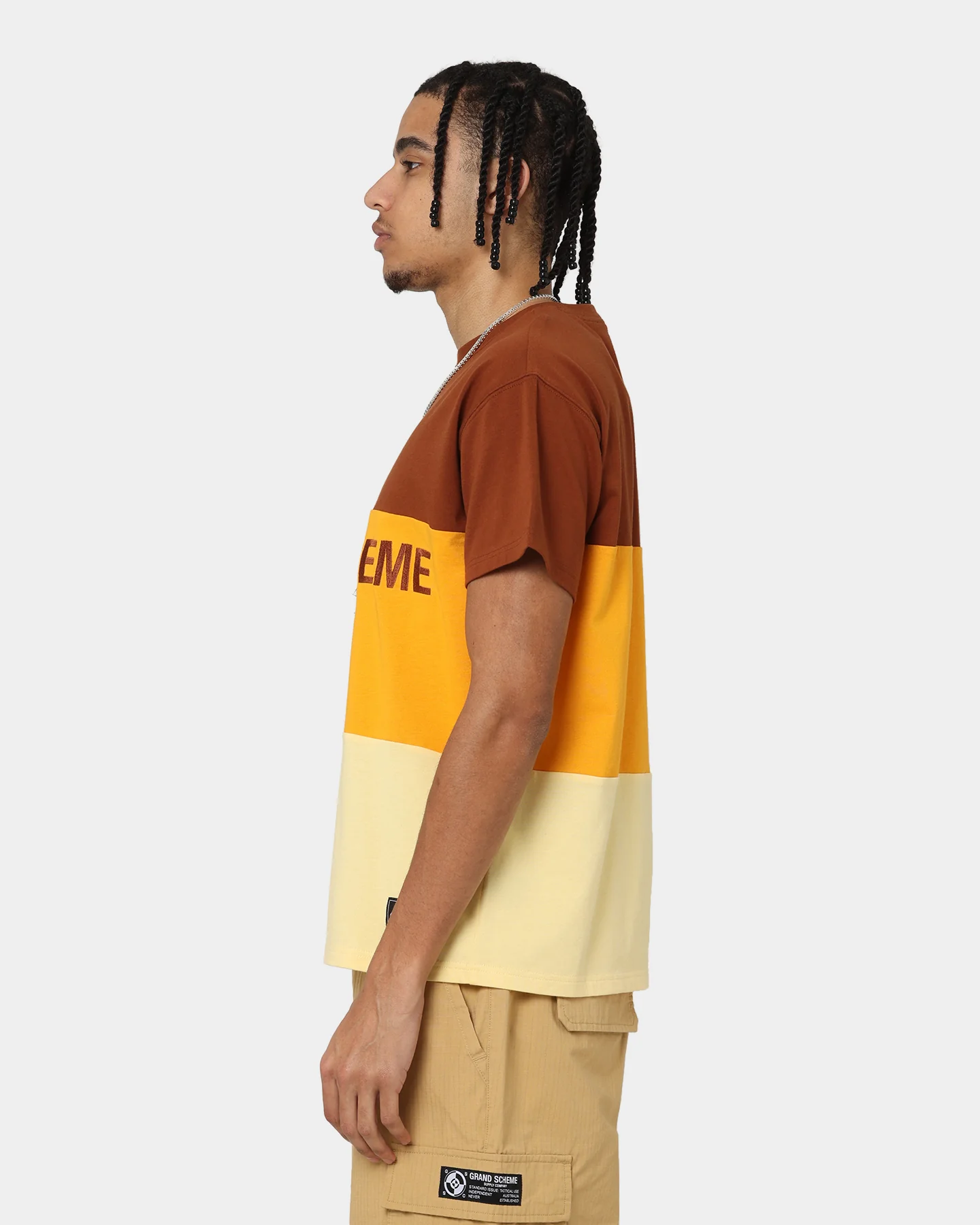 Grand Scheme Colour Block T-Shirt Brown/Yellow - Image 6