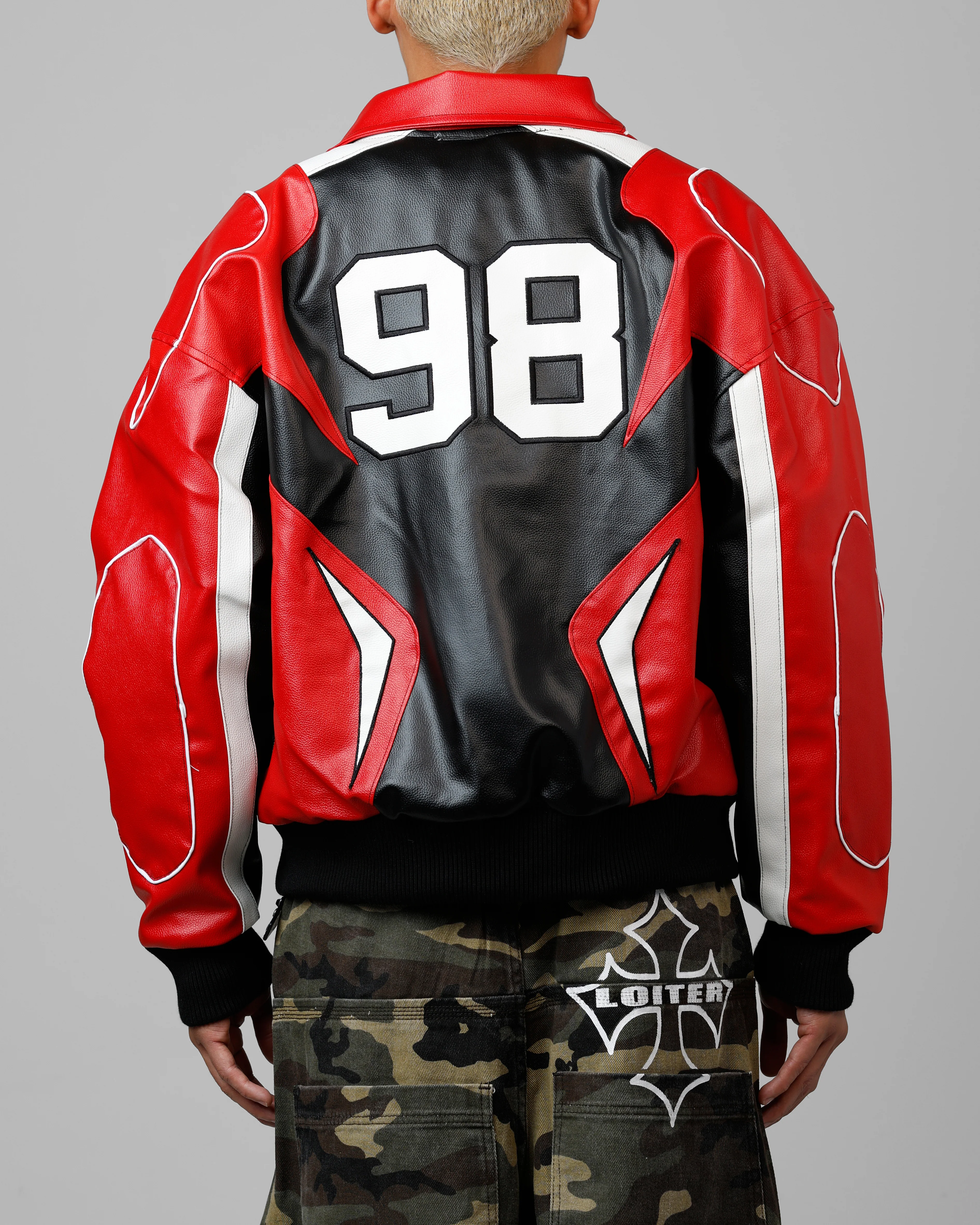 Loiter Racer Vegan Leather Jacket Red/Black - Image 2