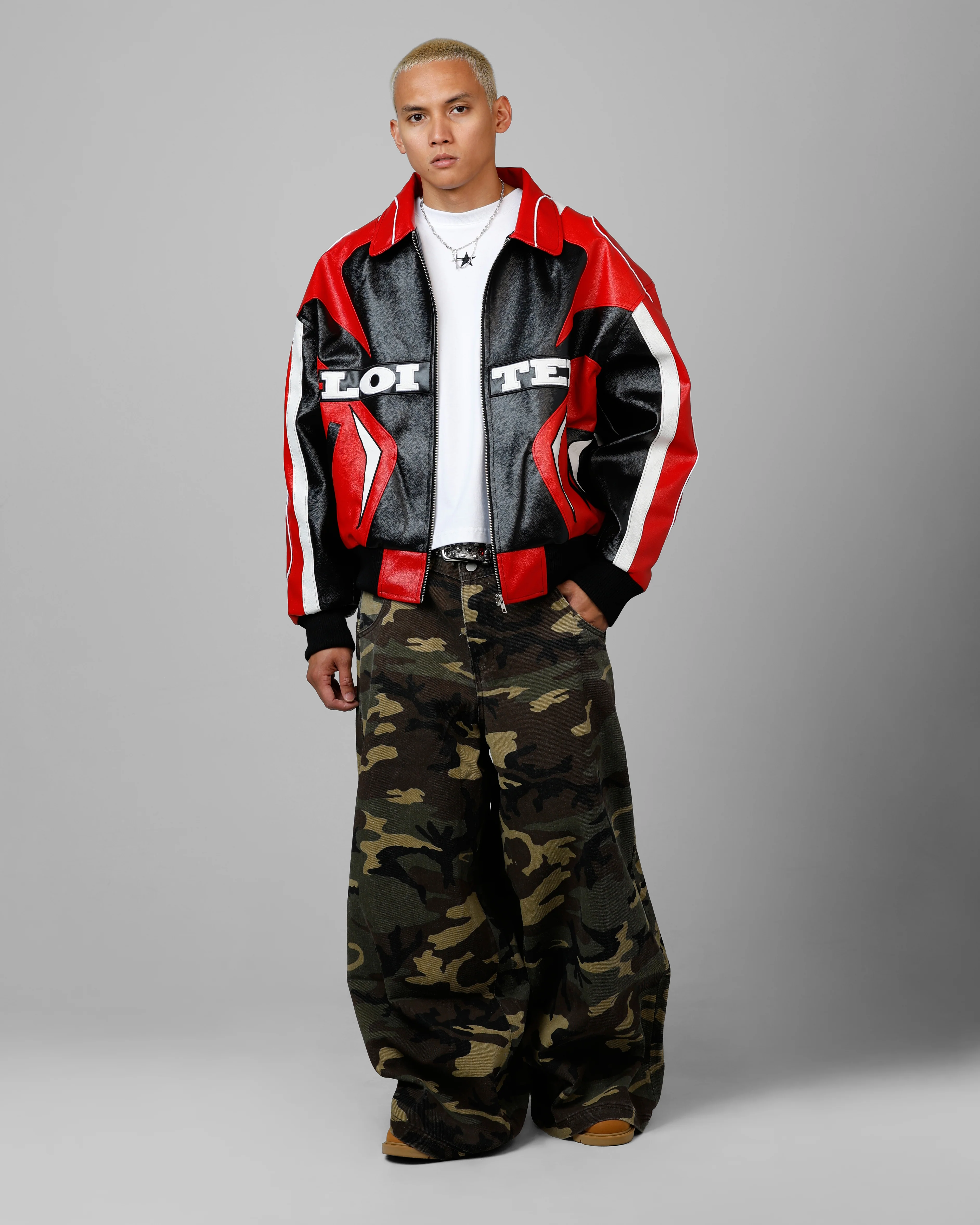 Loiter Racer Vegan Leather Jacket Red/Black - Image 3