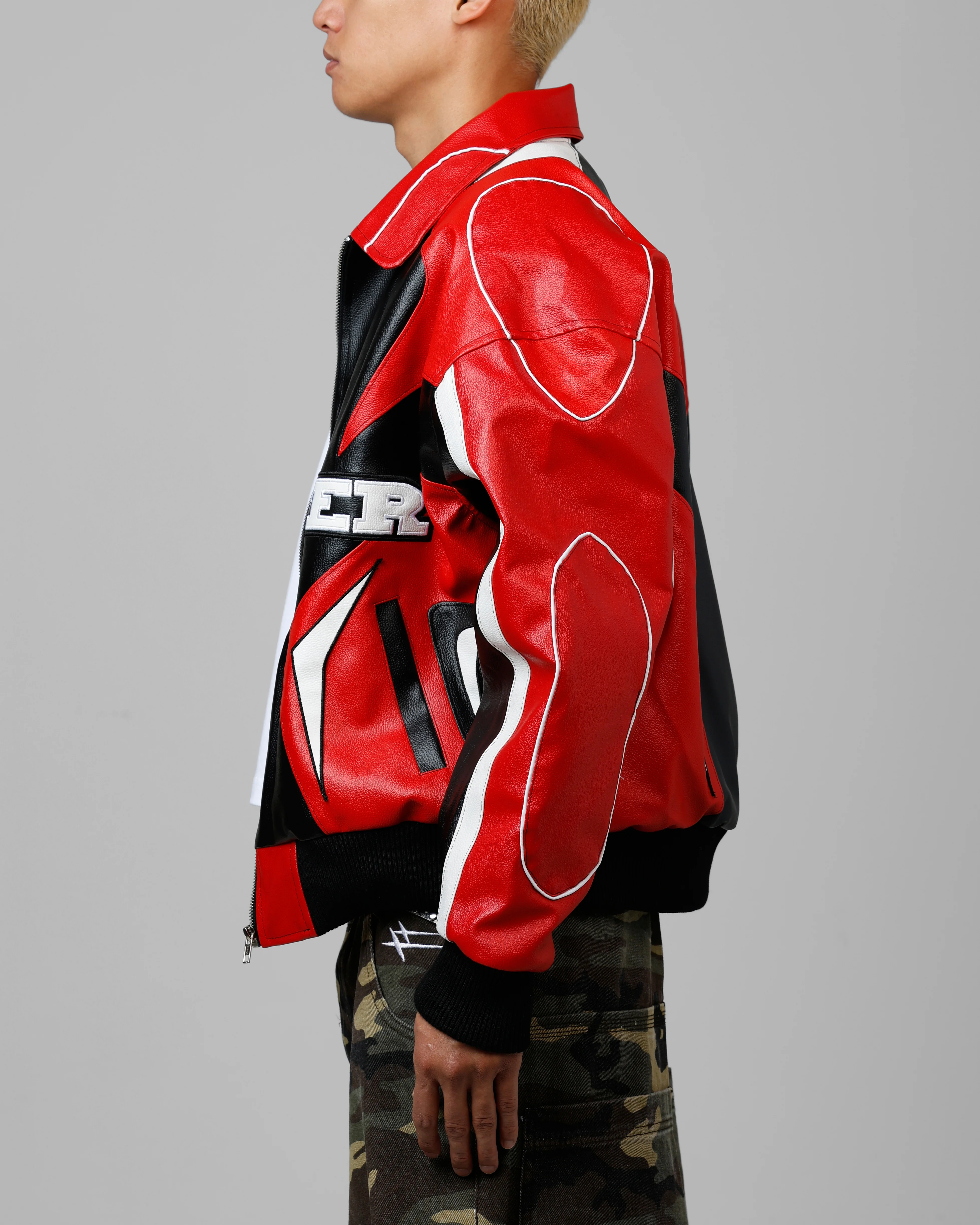 Loiter Racer Vegan Leather Jacket Red/Black - Image 5