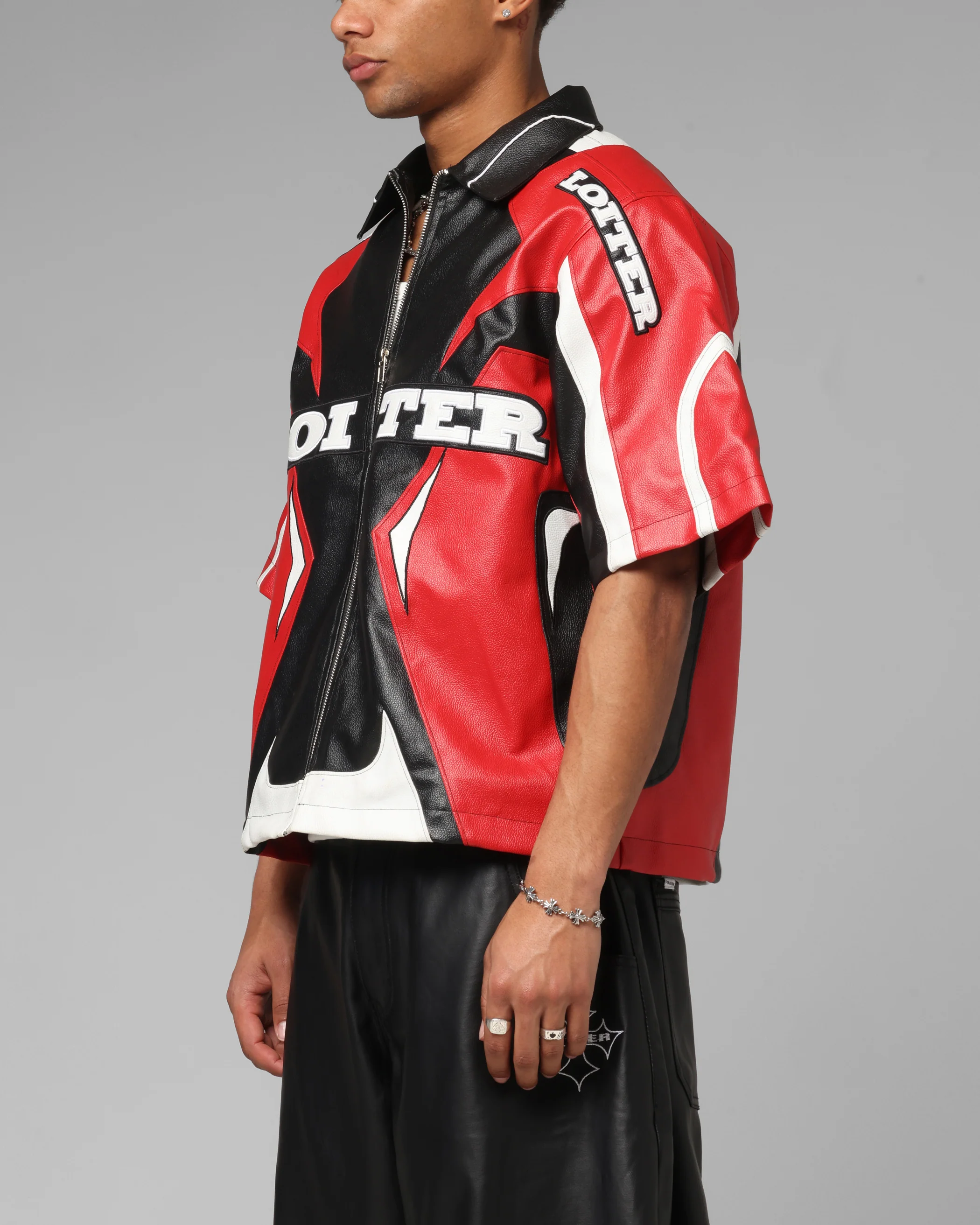 Loiter Racer Vegan Leather Shirt Red/Black - Image 6
