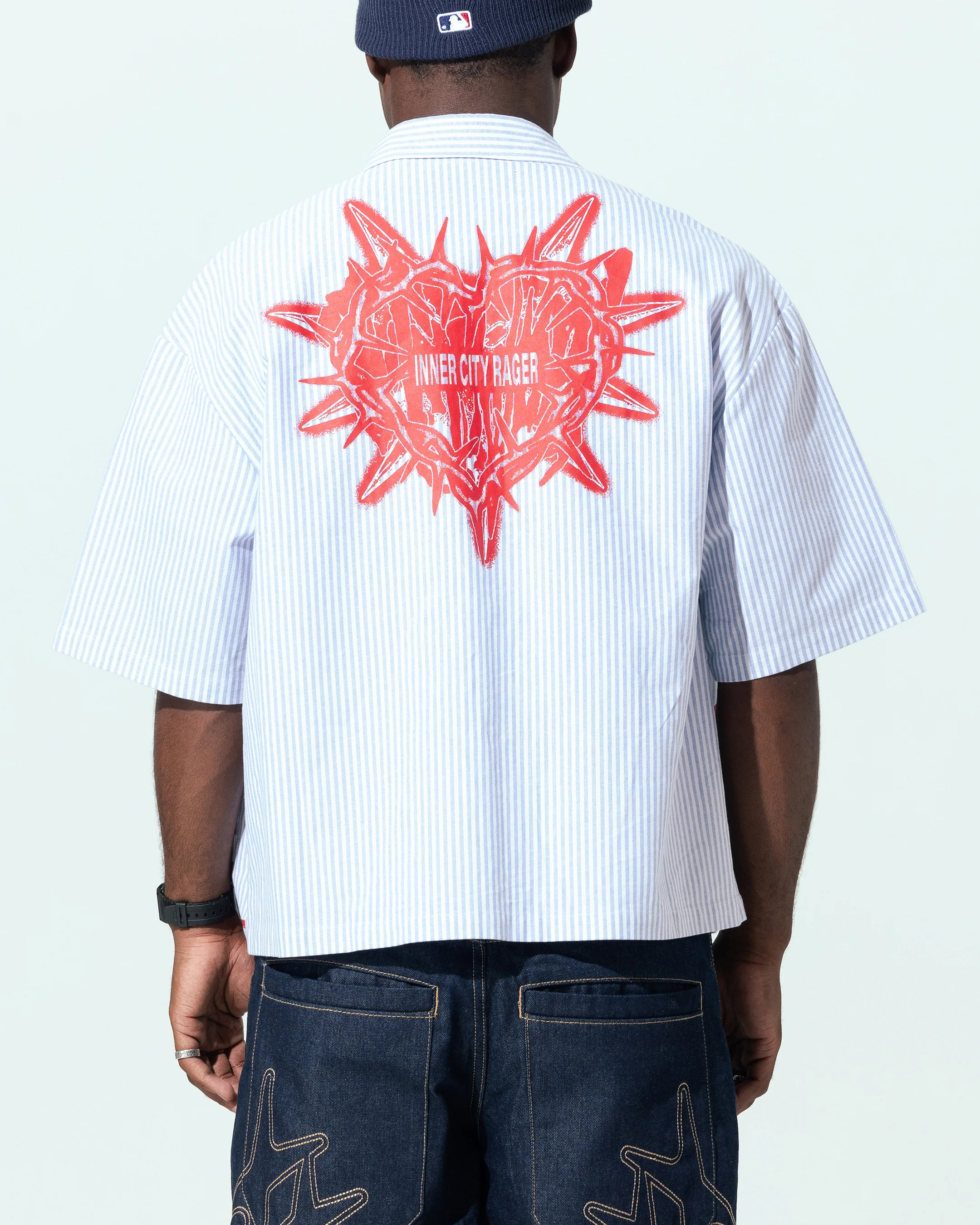 Loiter Riot Squad Button Up T-Shirt Blue Pin Stripe - Image 2