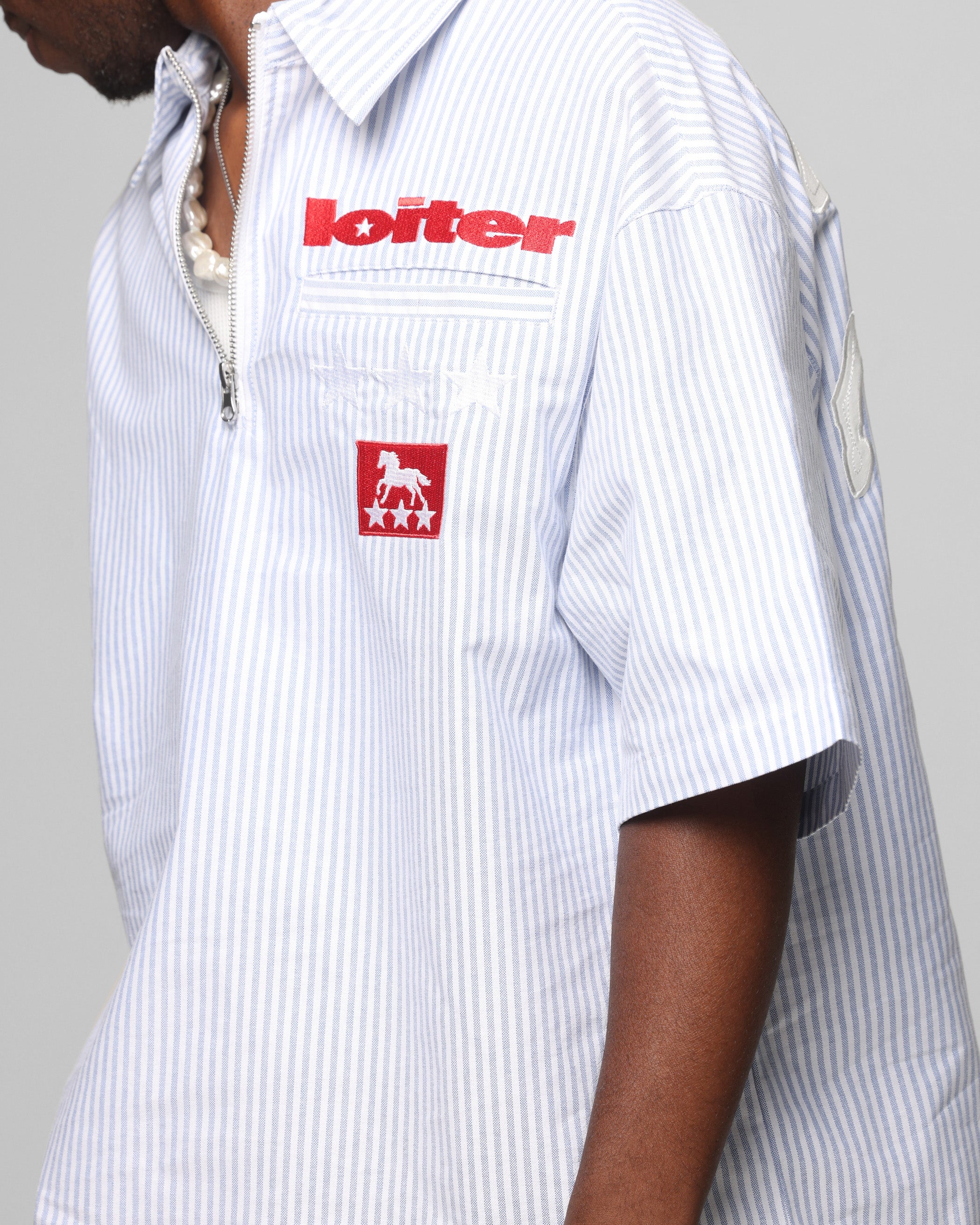 Loiter Rodeo Quarter Zip Up Shirt Blue Pin Stripe - Image 7
