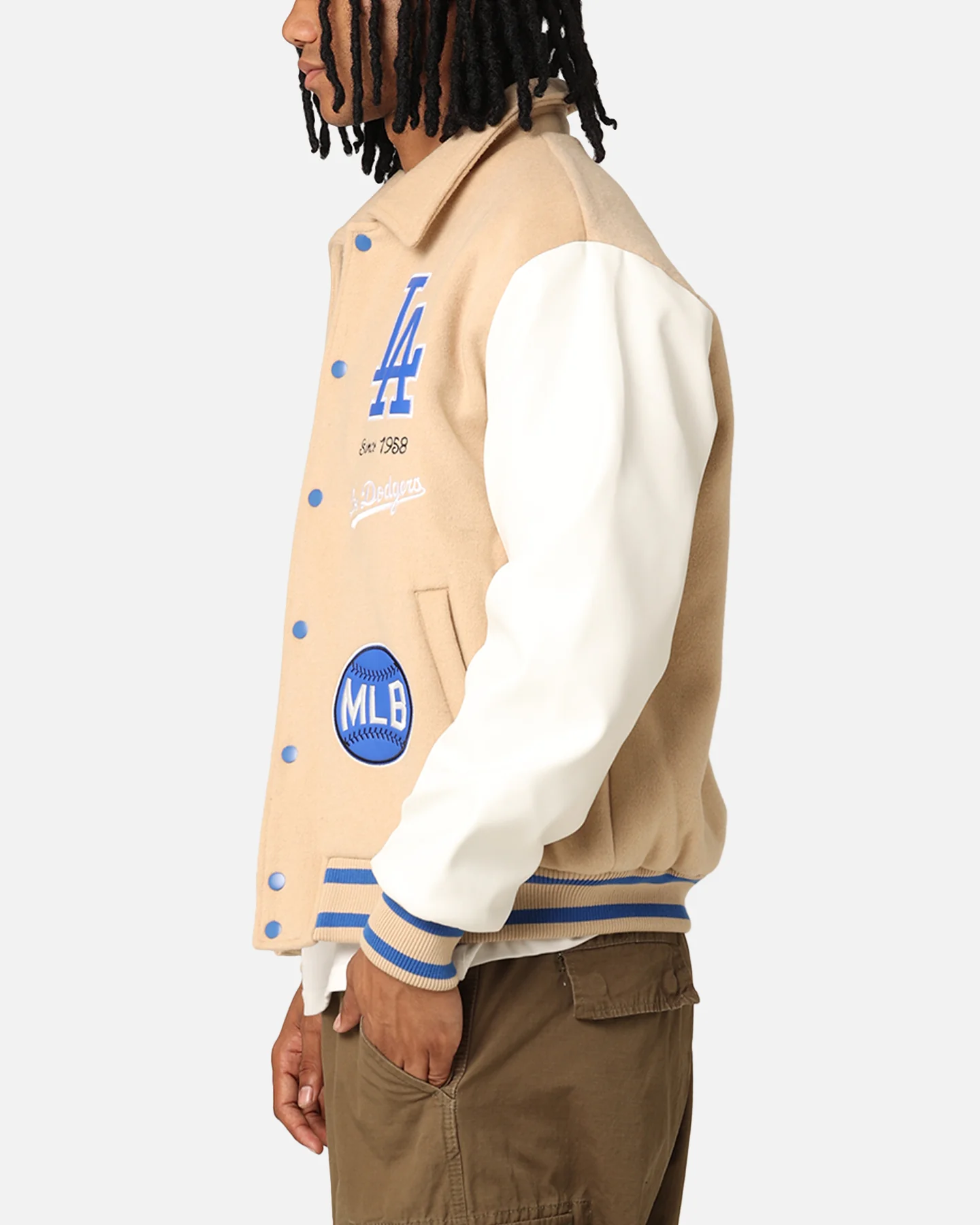 Majestic Athletic Los Angeles Dodgers City PU Melton Letterman Jacket Oatmilk - Image 5