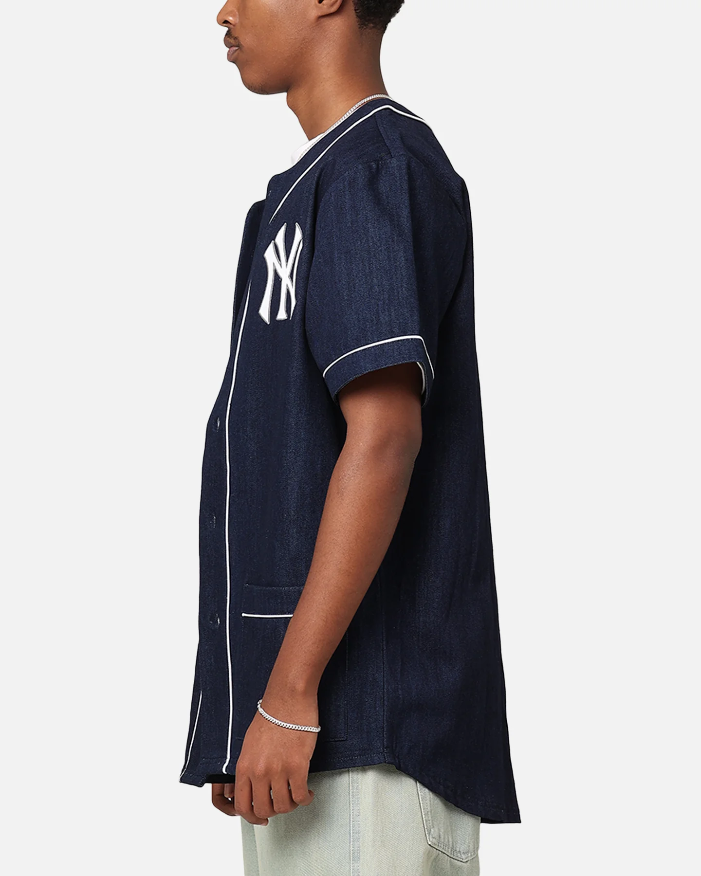 Majestic Athletic New York Yankees Denim Button Up Shirt Washed Navy Denim - Image 5