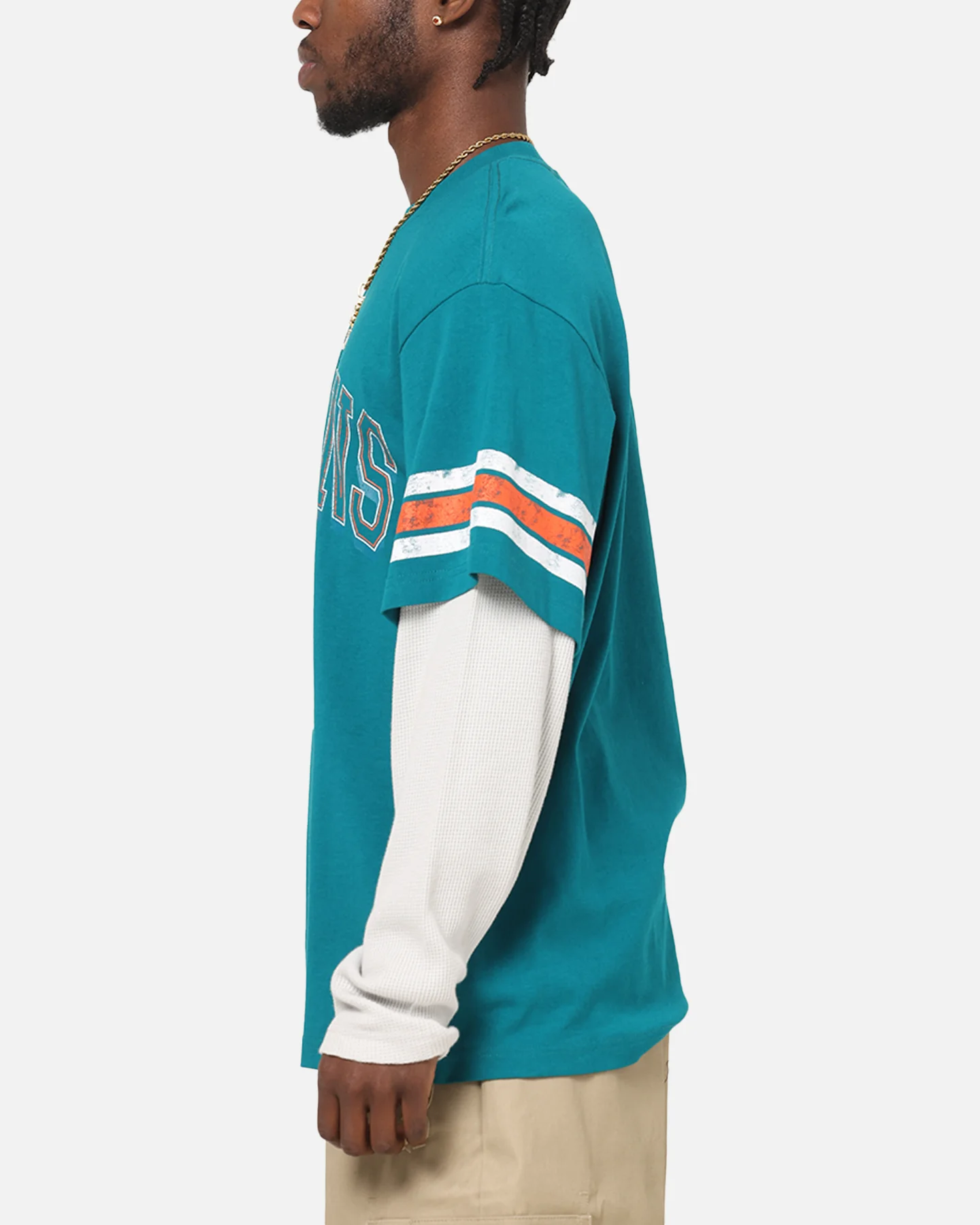 Mitchell & Ness Miami Dolphins Waffle Mock Layer Long Sleeve T-Shirt Teal - Image 5