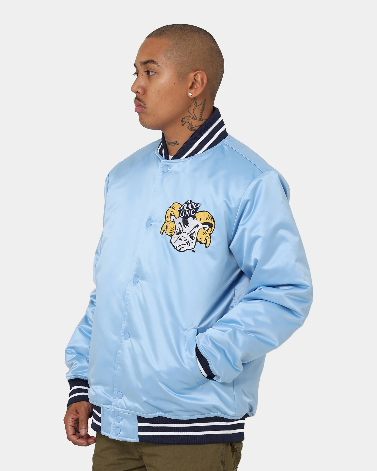 Mitchell & Ness University Of North Carolina Tar Heels Heavyweight Satin Jacket Light Blue - Image 7