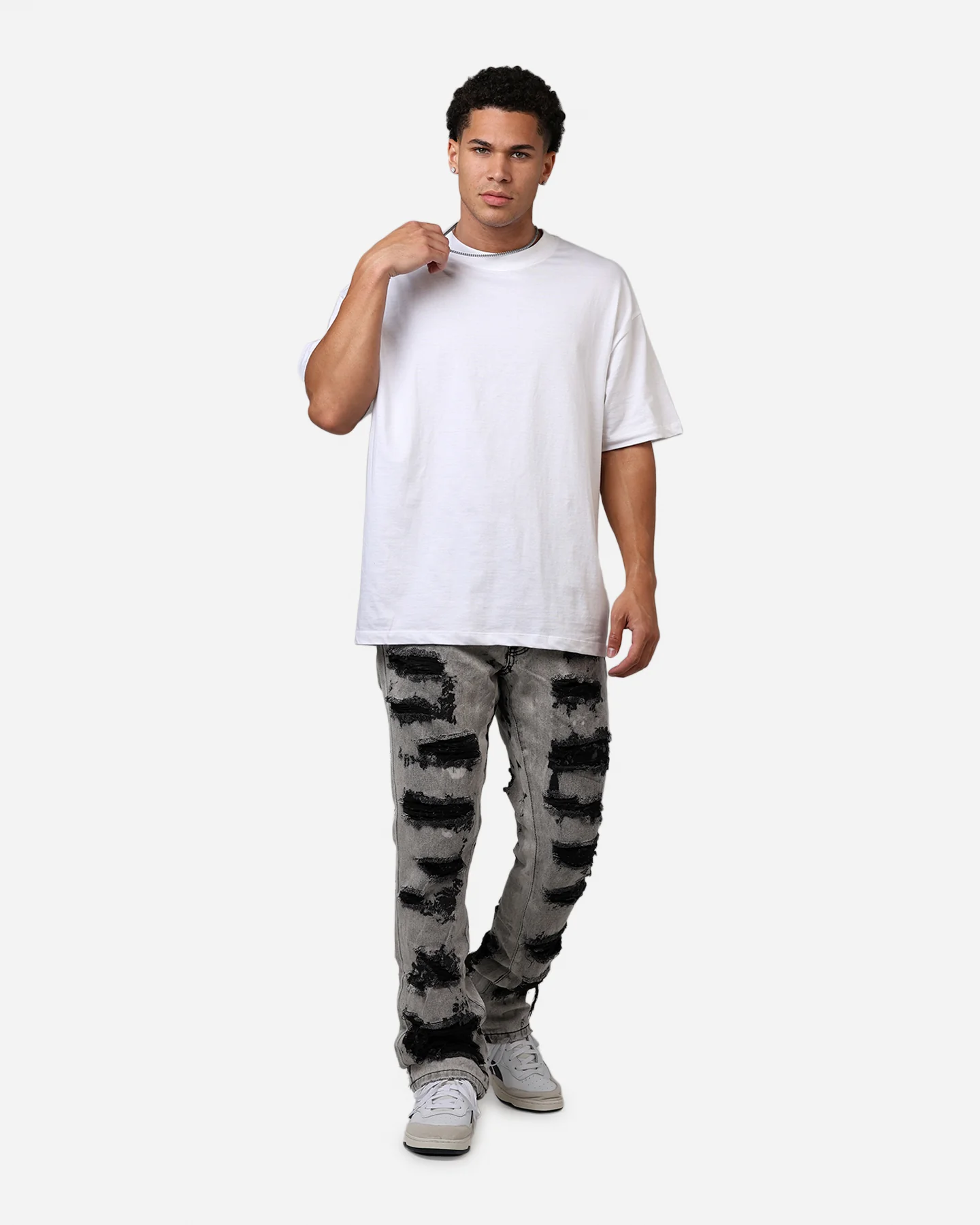 MNML B668 Rock Distress Flare Denim Jeans Light Grey - Image 2