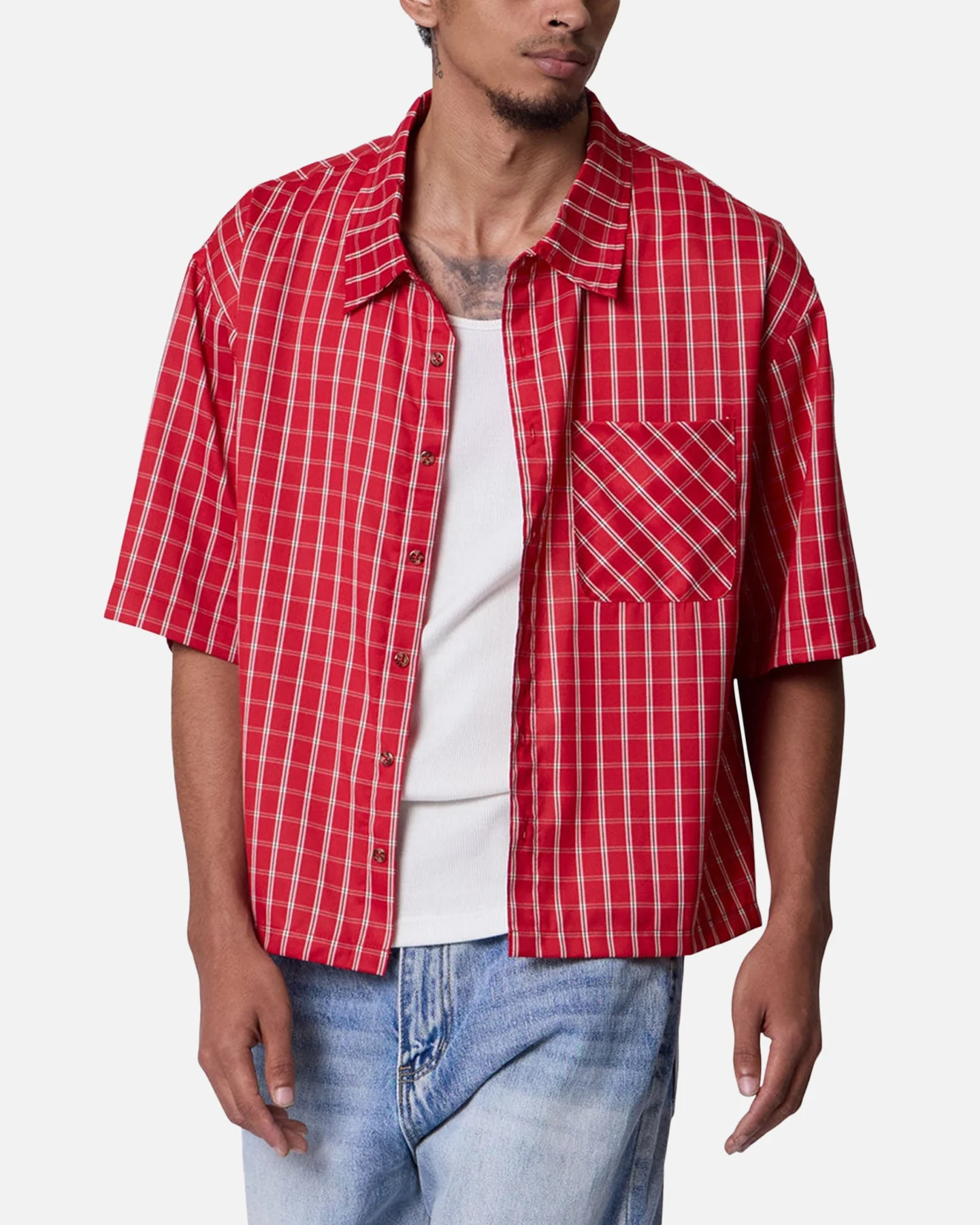 MNML Crispy Poplin Over Button Up Shirt Red Plaid - Image 5