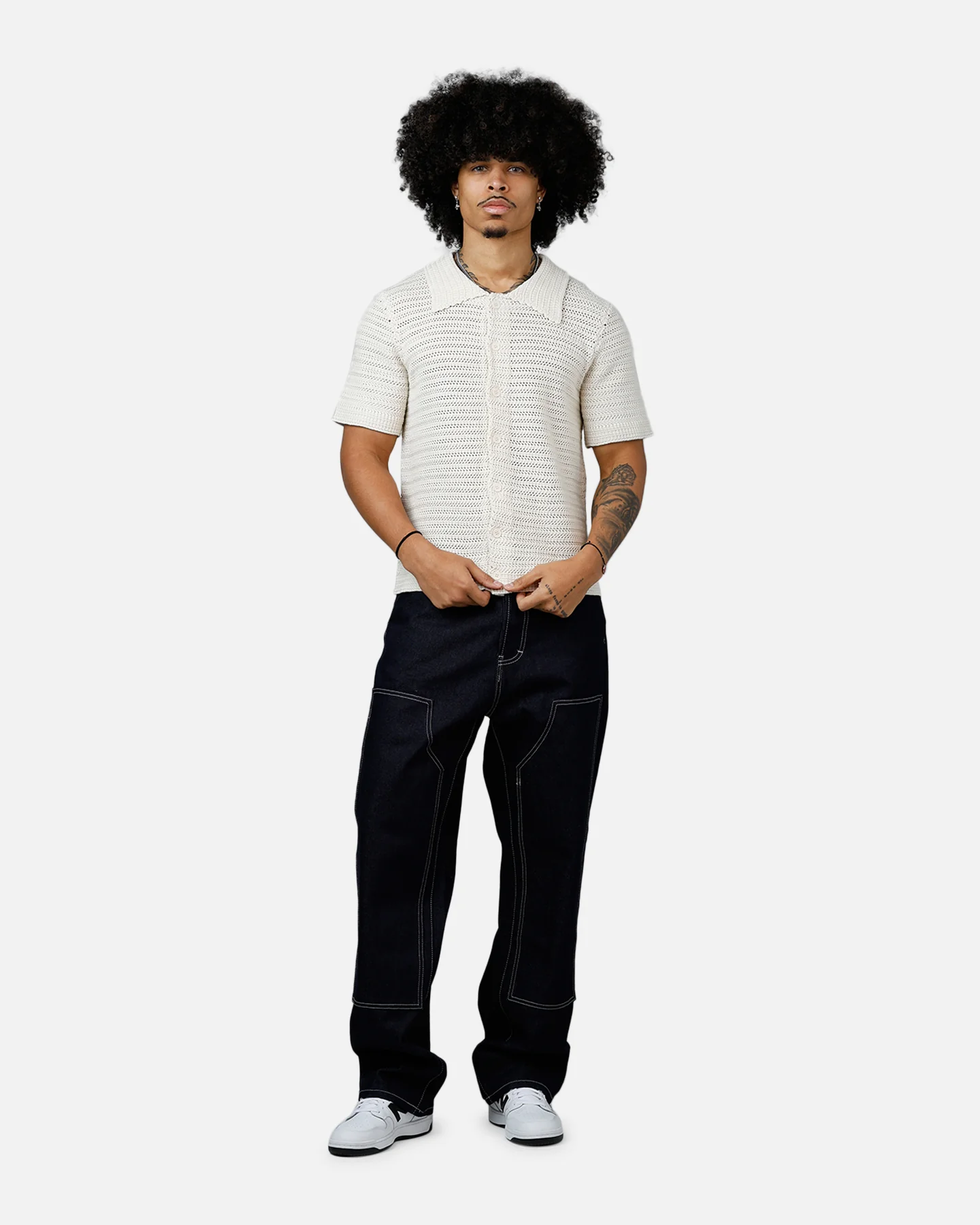 MNML Crochet Button Up Shirt Cream - Image 3