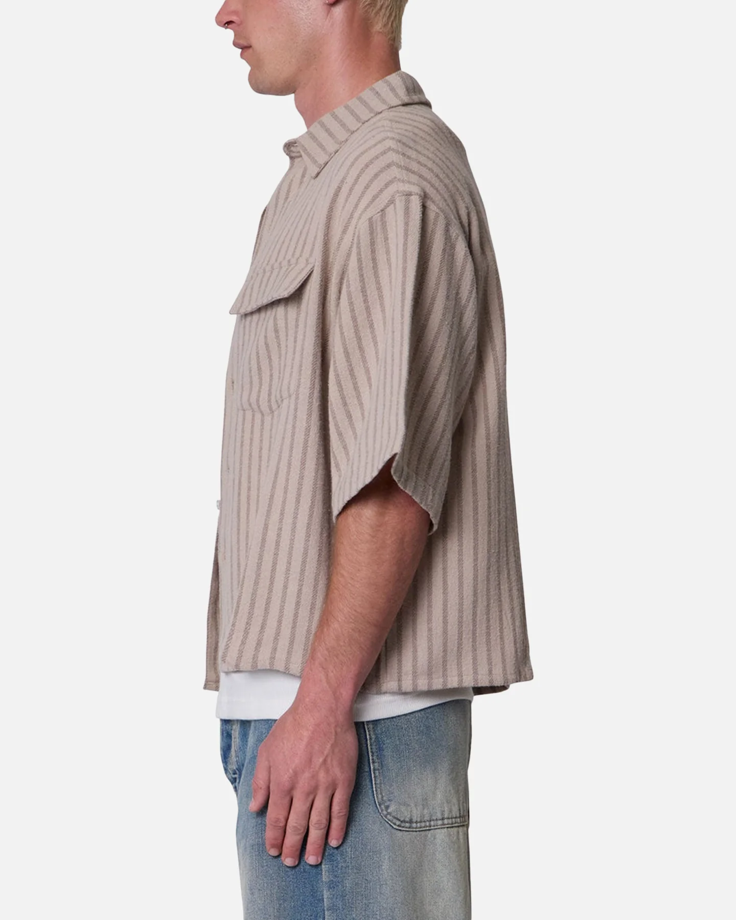MNML Cropped Boxy Stripe Button Up Shirt Khaki - Image 3