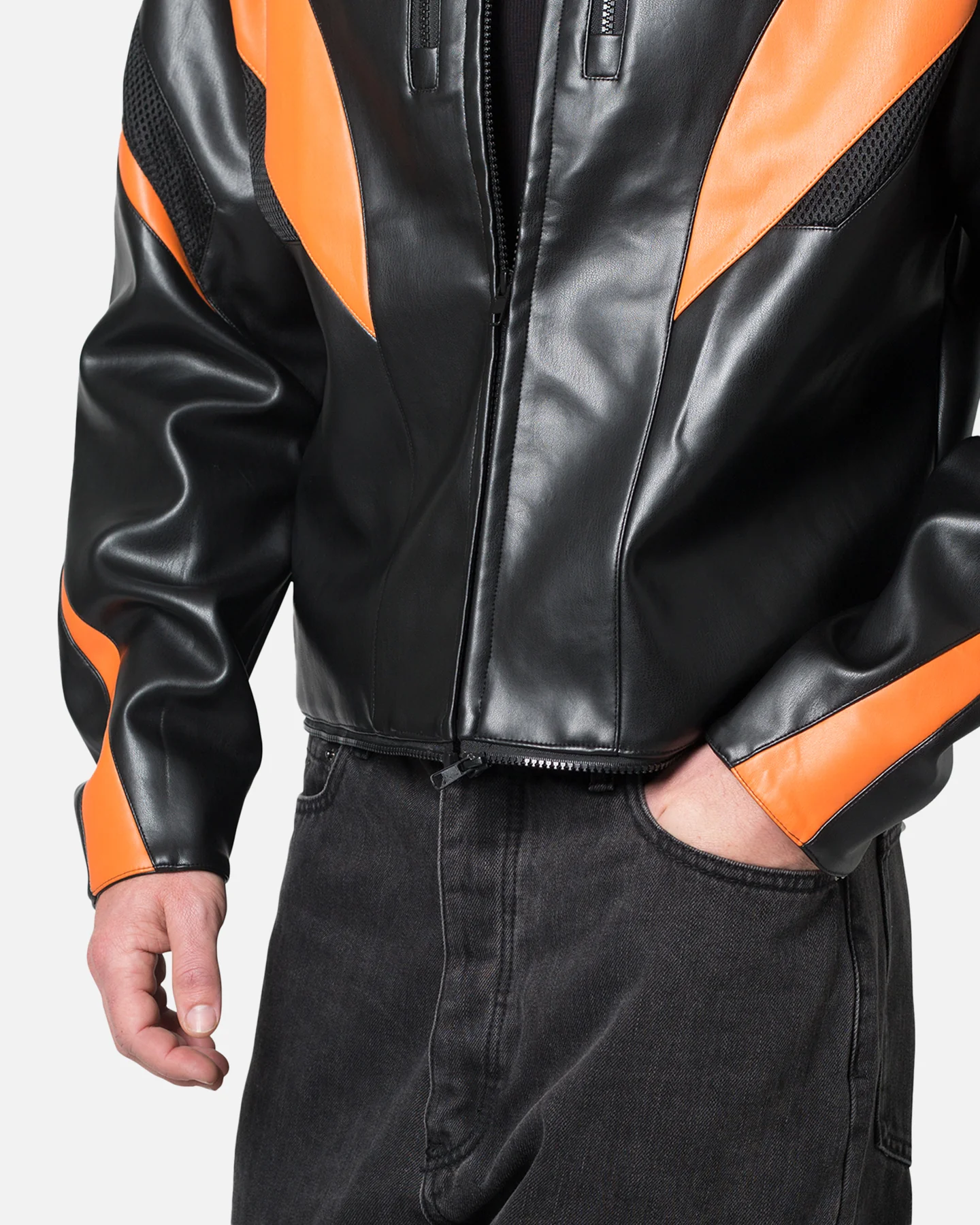 MNML Cropped Leather Race Jacket Black/Orange - Image 6