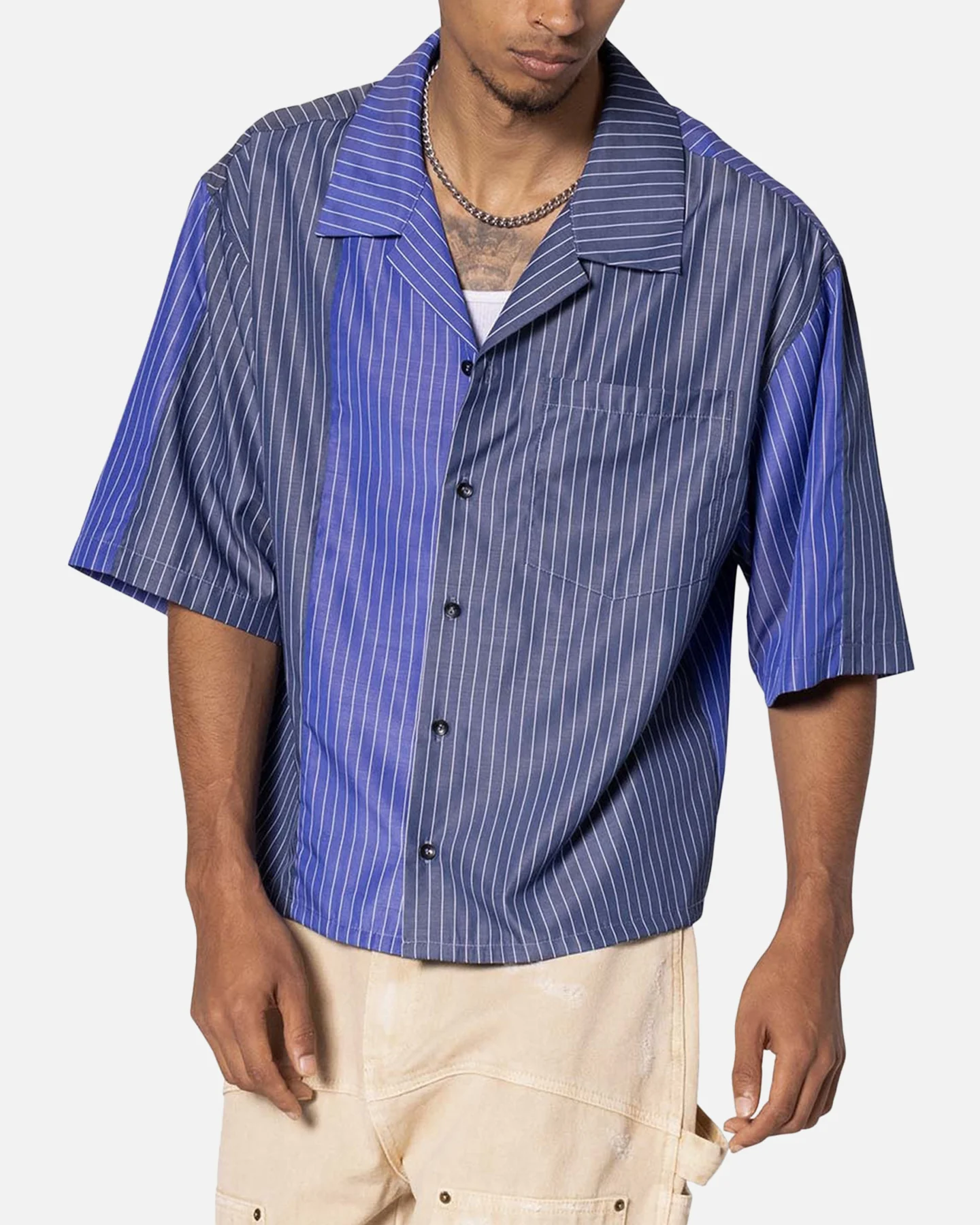 MNML Cropped Panel Stripe Shirt Blue - Image 5
