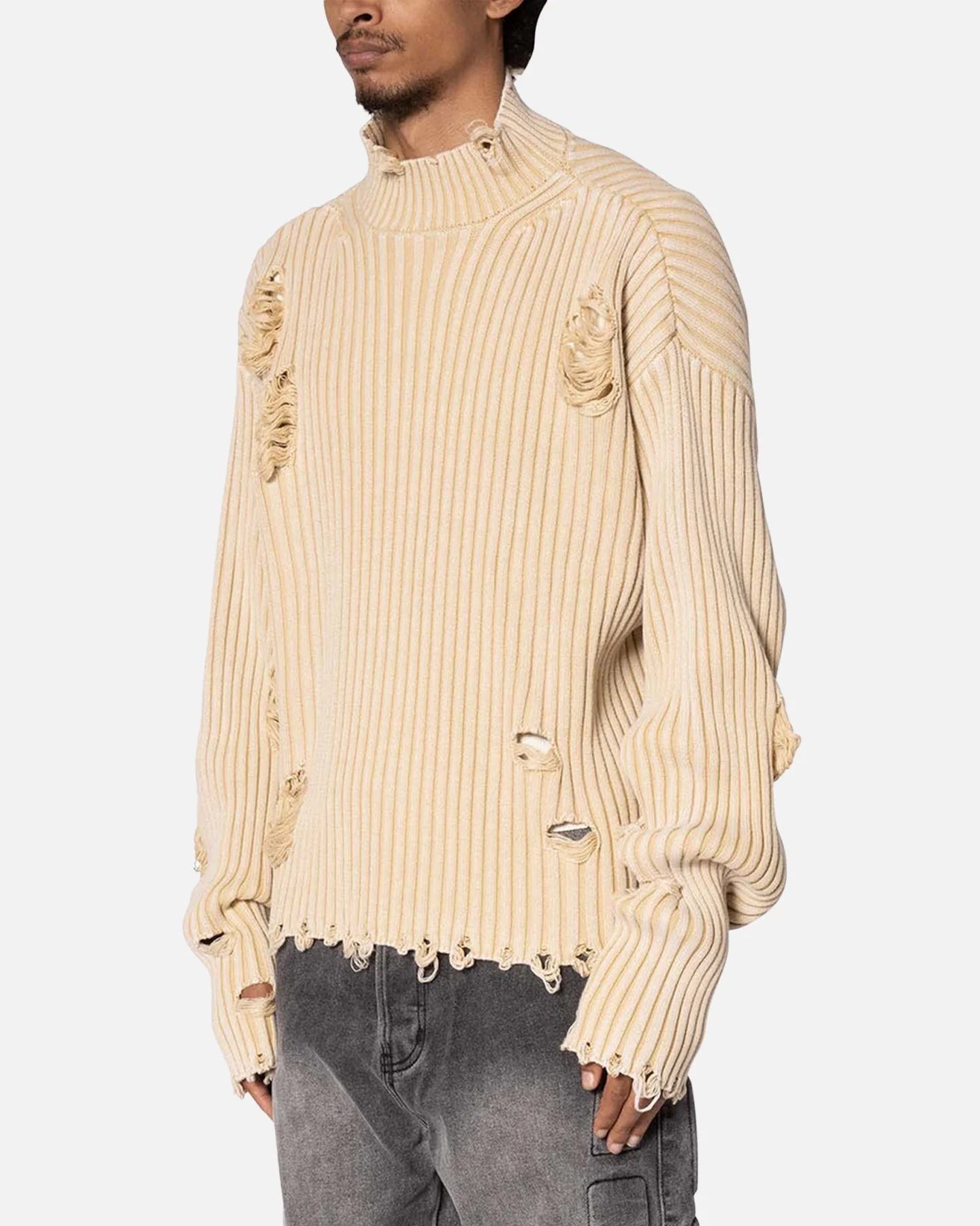 MNML Distressed Crop Knit Sweater Khaki - Image 2