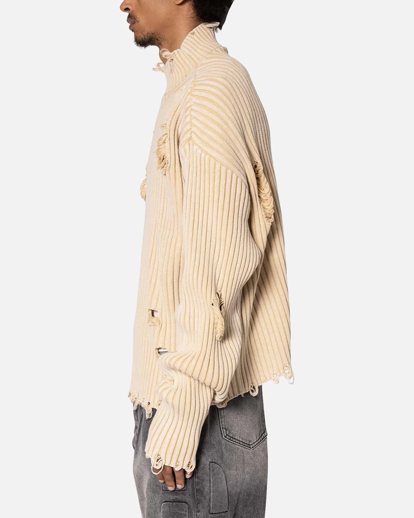 MNML Distressed Crop Knit Sweater Khaki - Image 3