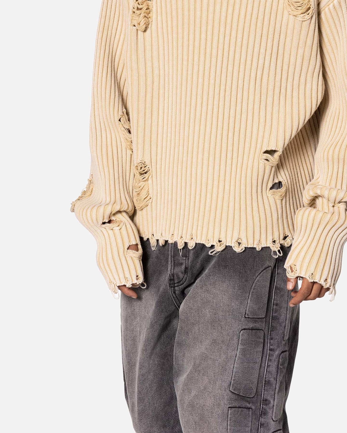 MNML Distressed Crop Knit Sweater Khaki - Image 5