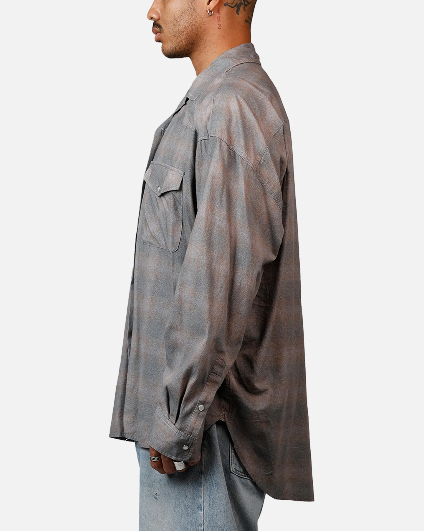MNML Faded Print Flannel Shirt Grey - Image 5