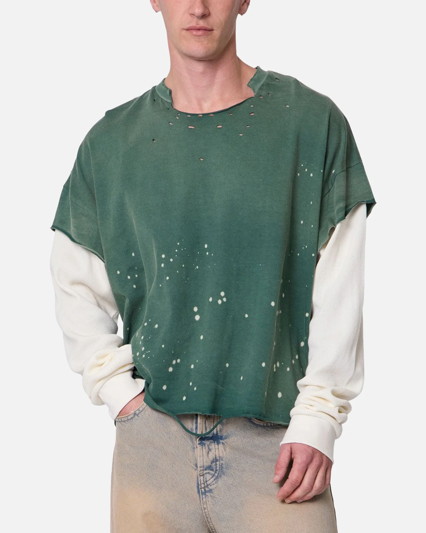 MNML Layered Distressed Painted Long Sleeve T-Shirt Green - Image 3