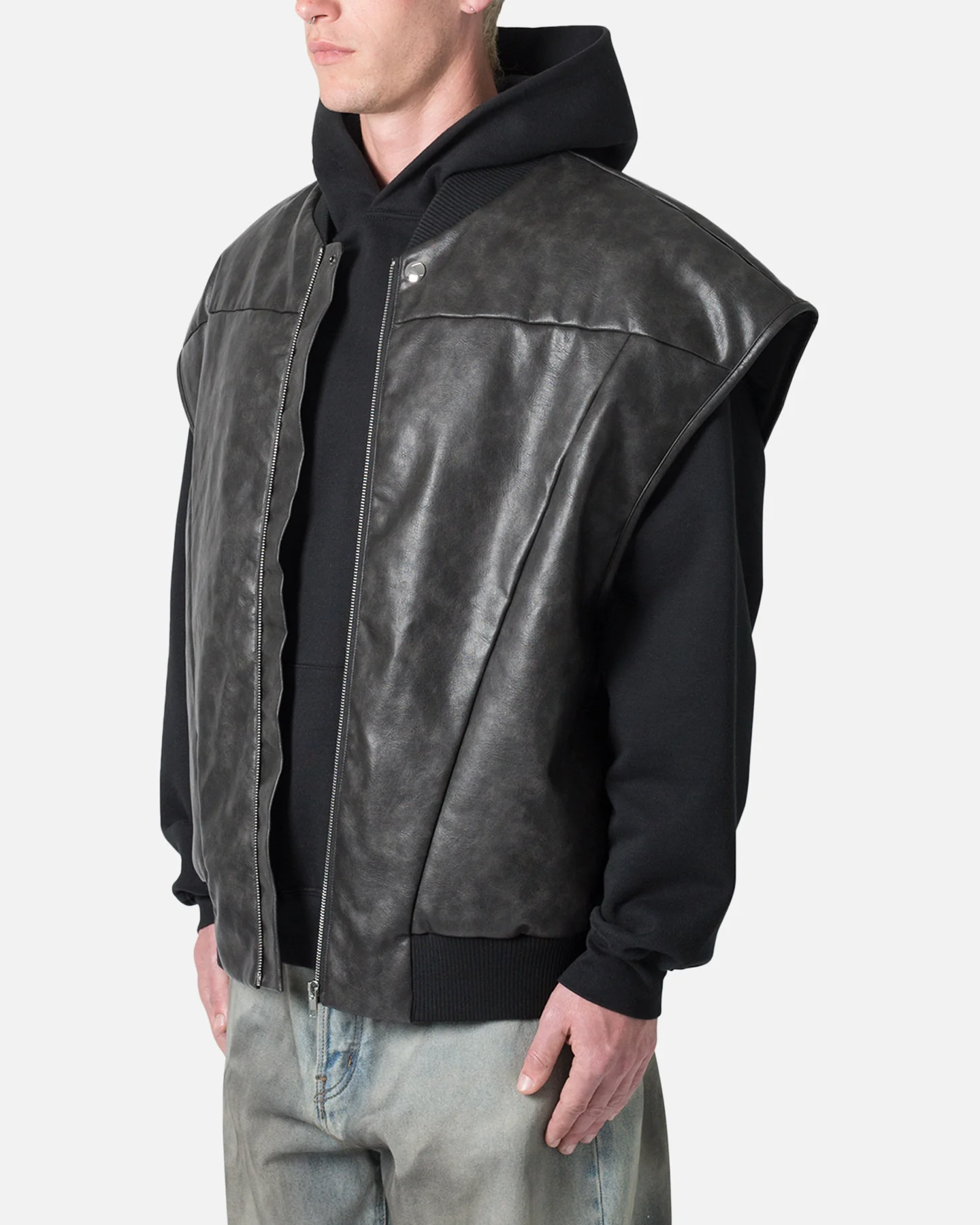 MNML Leather Bomber Vest Black - Image 2