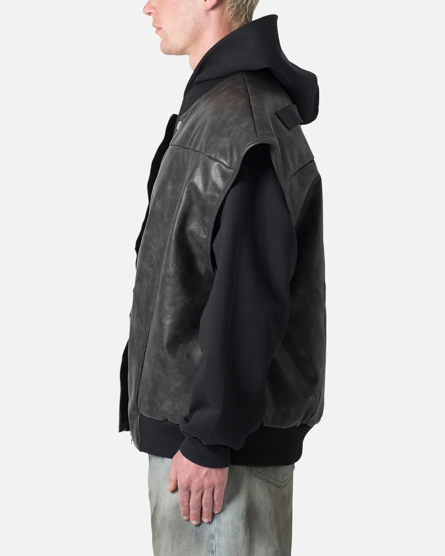 MNML Leather Bomber Vest Black - Image 3