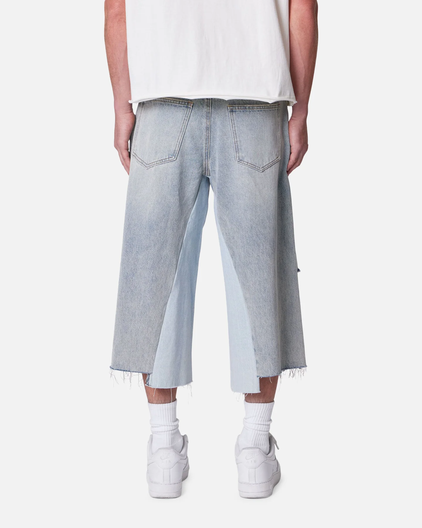 MNML Panelled Denim Shorts Light Blue Wash - Image 4