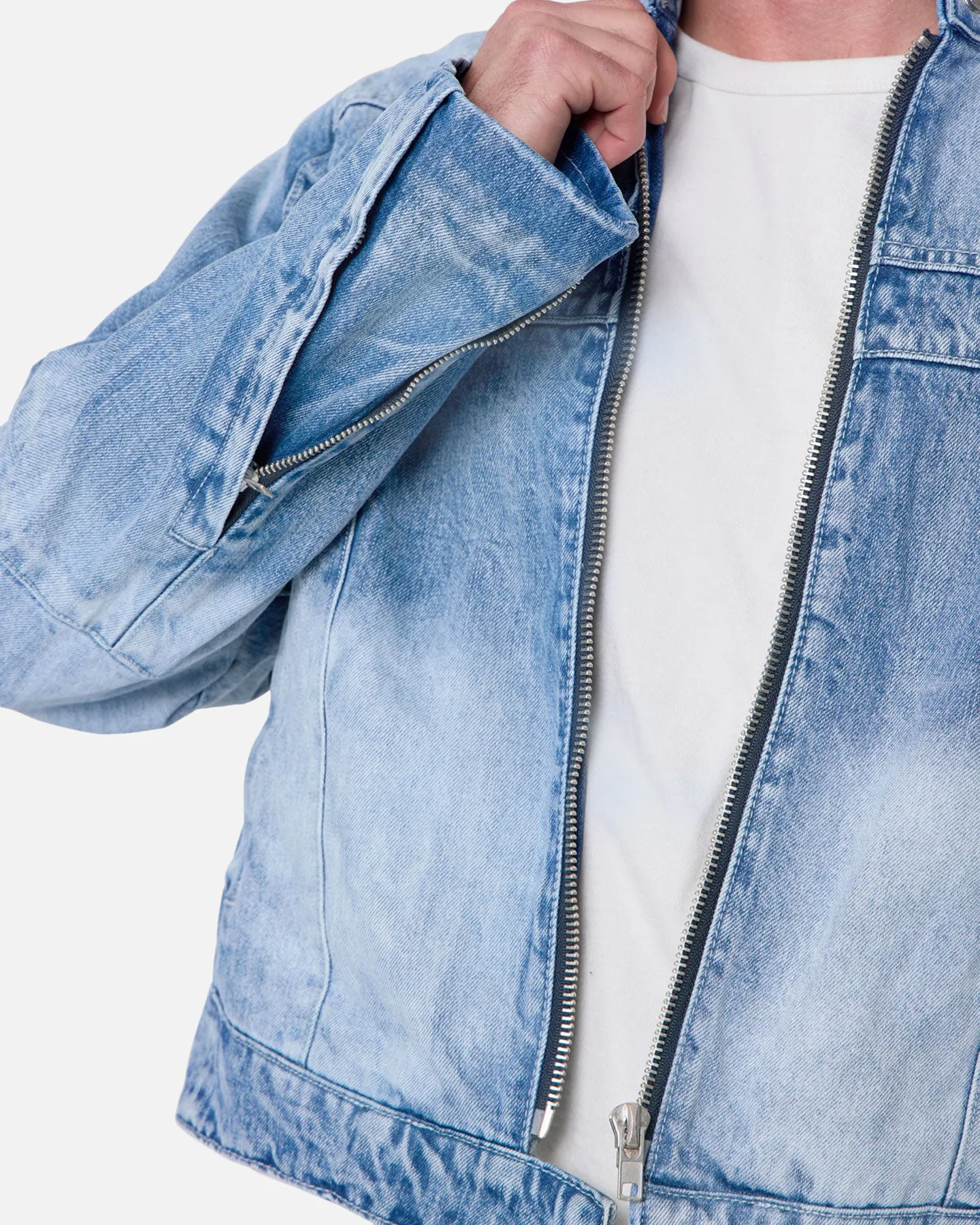 MNML Panelled Moto Denim Jacket Washed Blue - Image 7