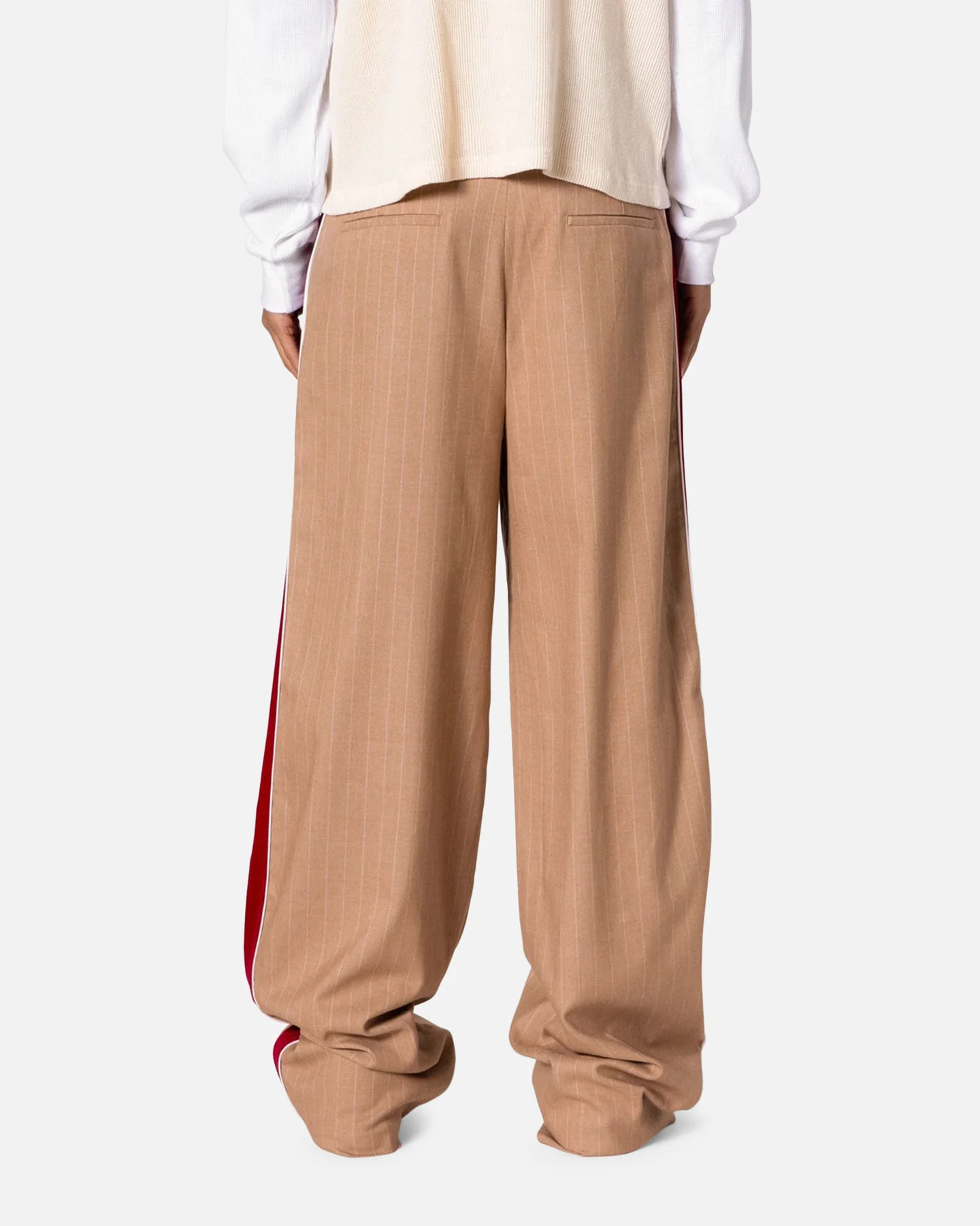 MNML Pinstripe Velvet Trim Pants Tan - Image 4