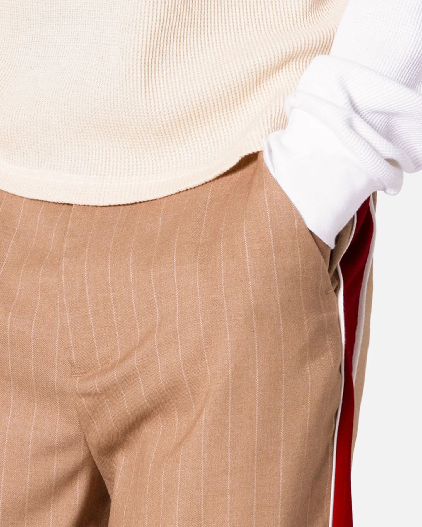 MNML Pinstripe Velvet Trim Pants Tan - Image 5