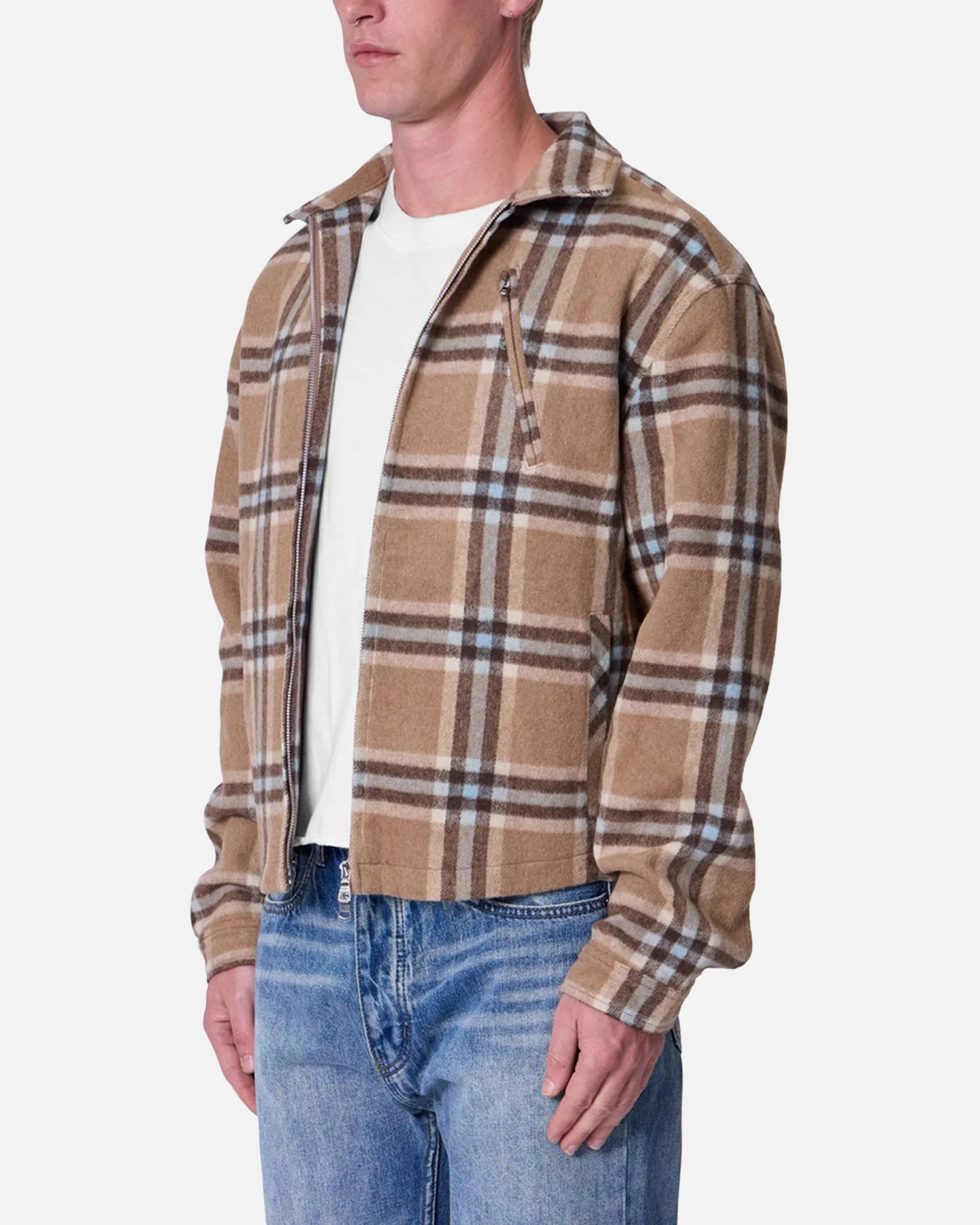 MNML Plaid Flannel Front Zip Jacket Brown/Cream - Image 2