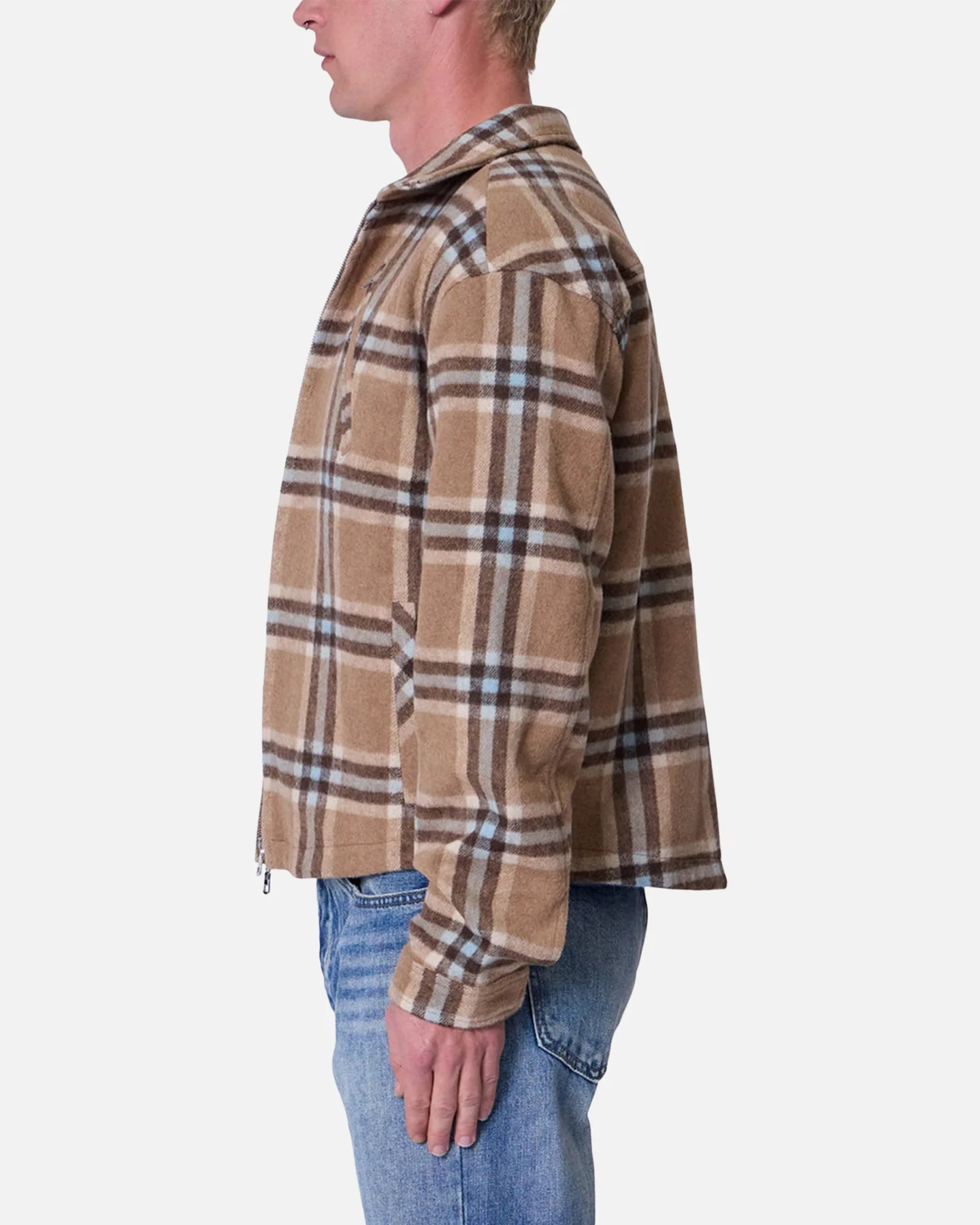 MNML Plaid Flannel Front Zip Jacket Brown/Cream - Image 3