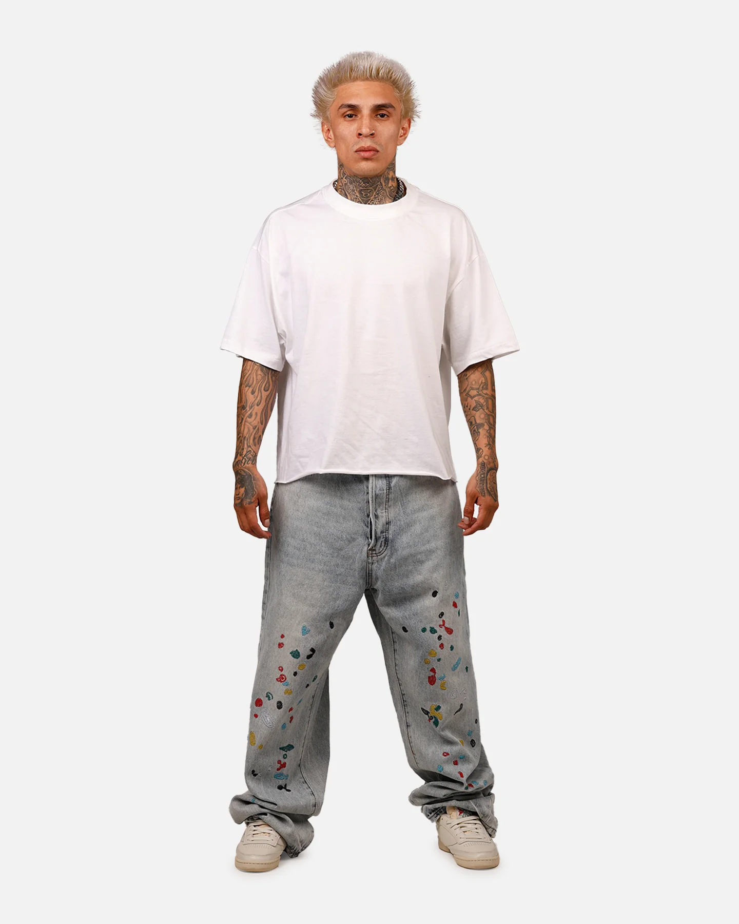 MNML Ultra Baggy Paint Splat Denim Jeans Light Blue - Image 2