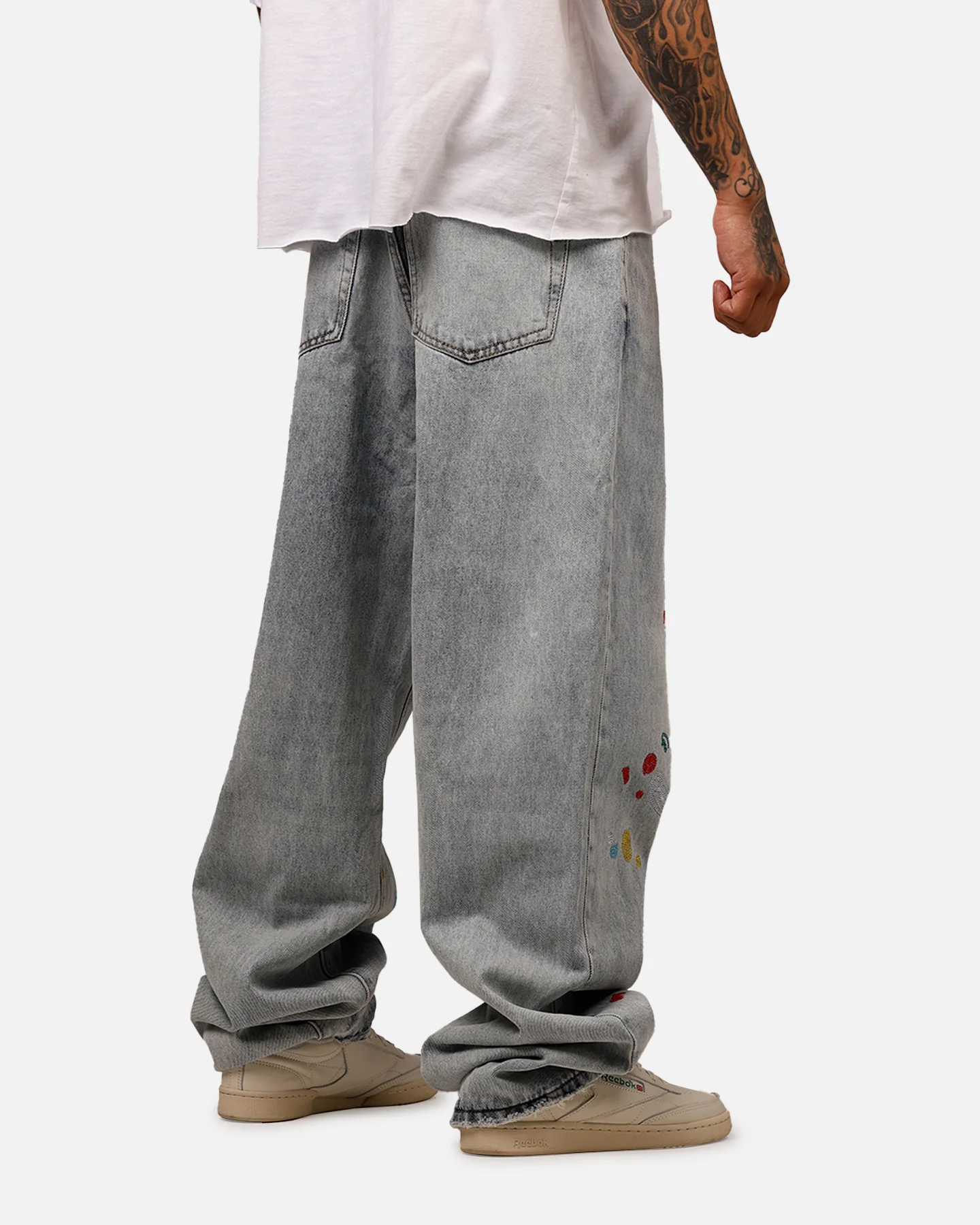 MNML Ultra Baggy Paint Splat Denim Jeans Light Blue - Image 3