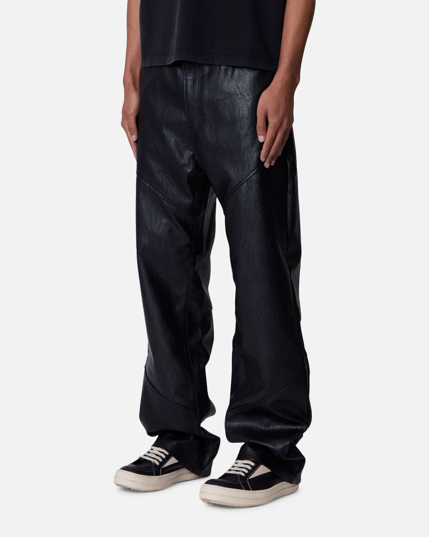 MNML Ultra Baggy Panelled Vegan Leather Pants Black - Image 2